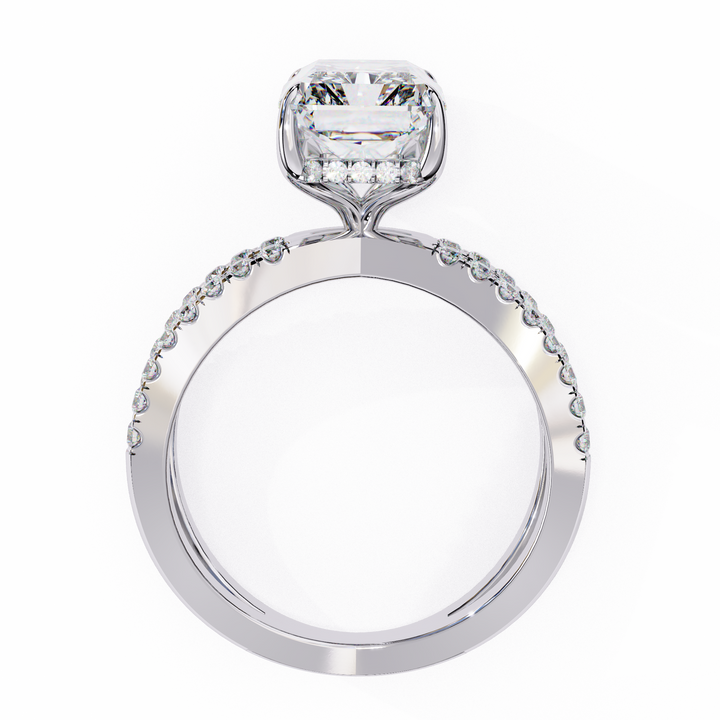 Modern Halo Emerald Solitaire Ring with Diamond Split Shank