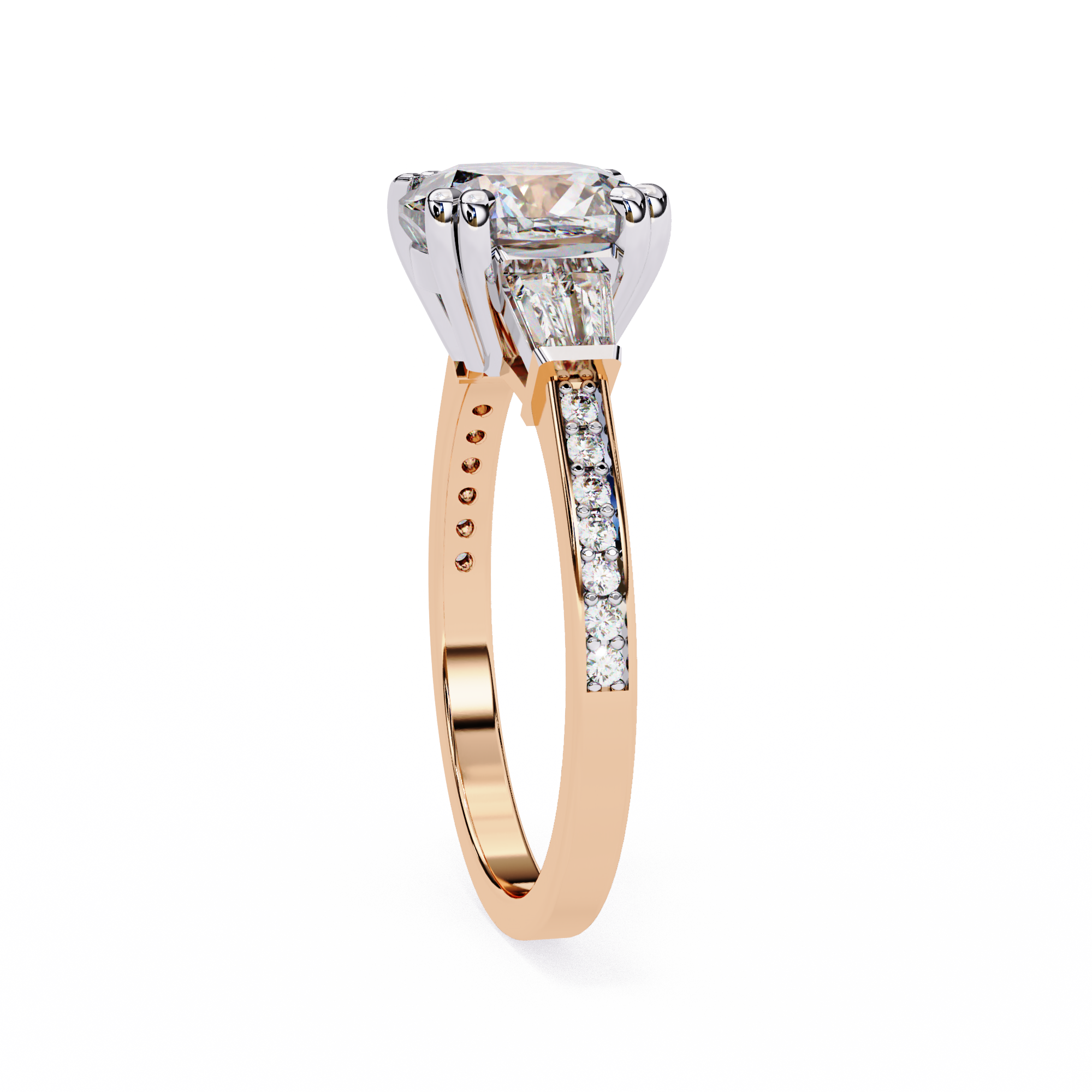 Round Cut Lab Grown Diamond  Ring with Tapered Baguette