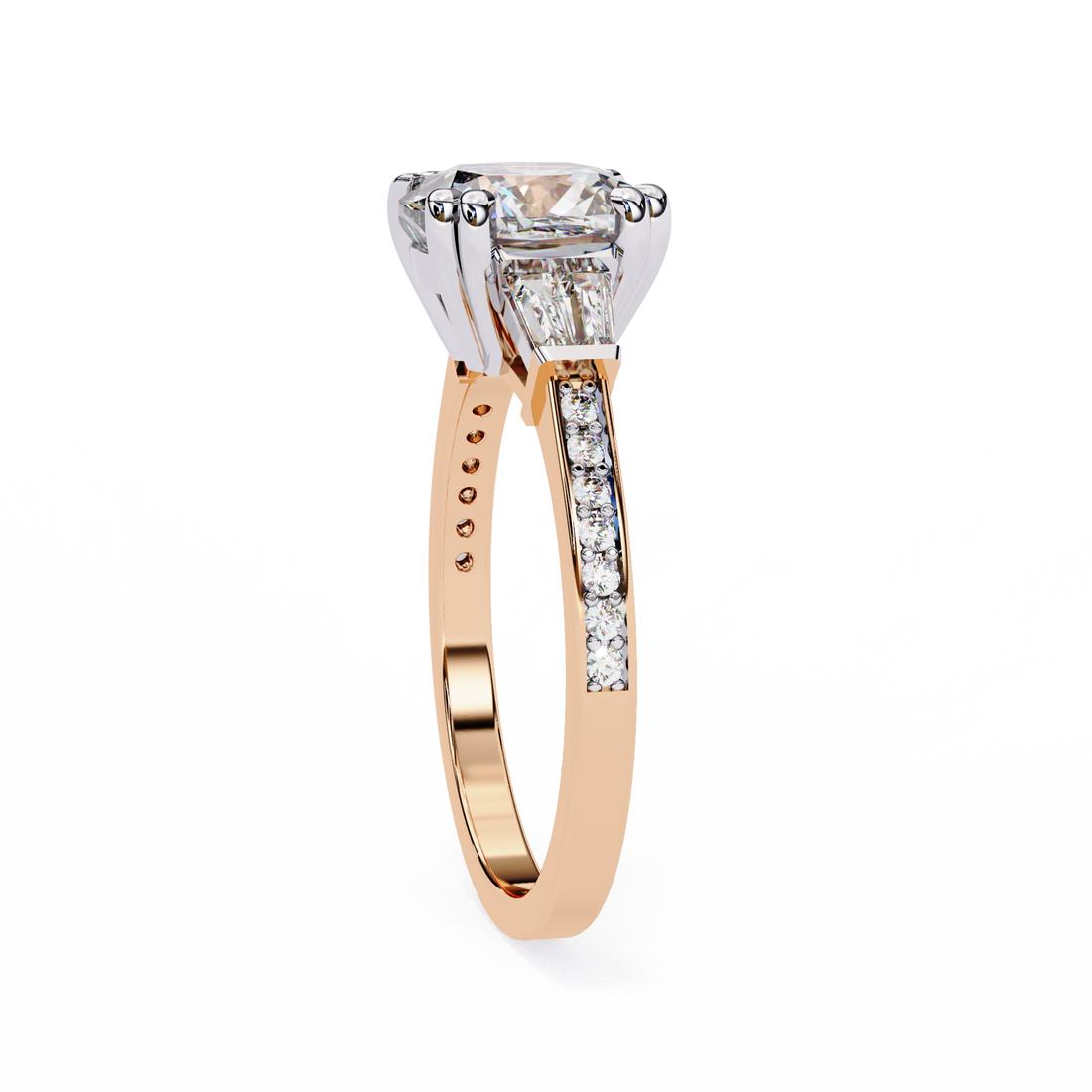 Round Cut Lab Grown Diamond  Ring with Tapered Baguette