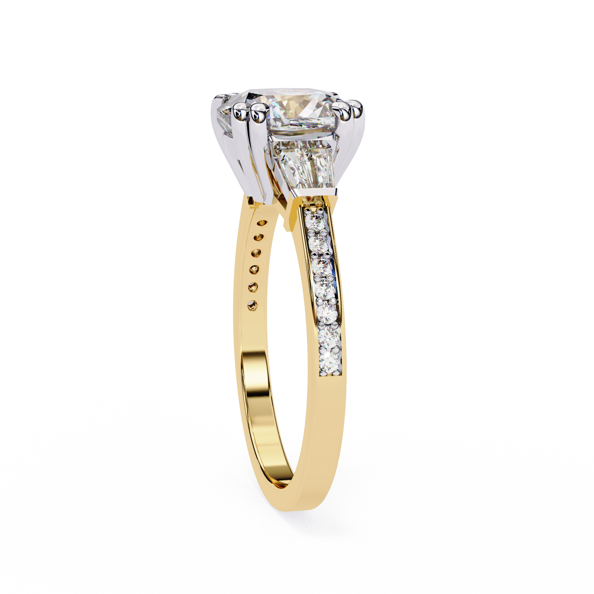 Round Cut Lab Grown Diamond  Ring with Tapered Baguette