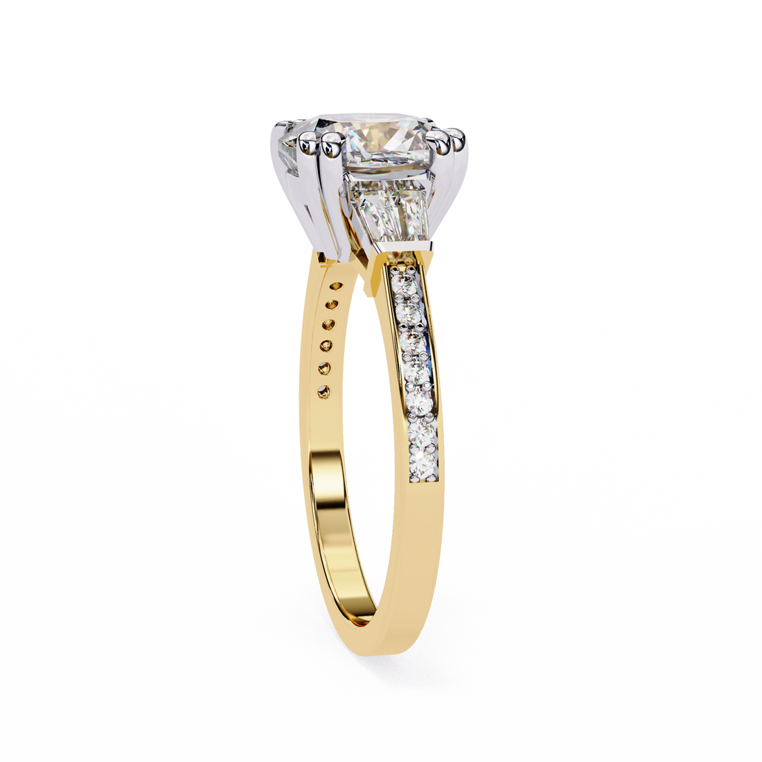 Round Cut Lab Grown Diamond  Ring with Tapered Baguette