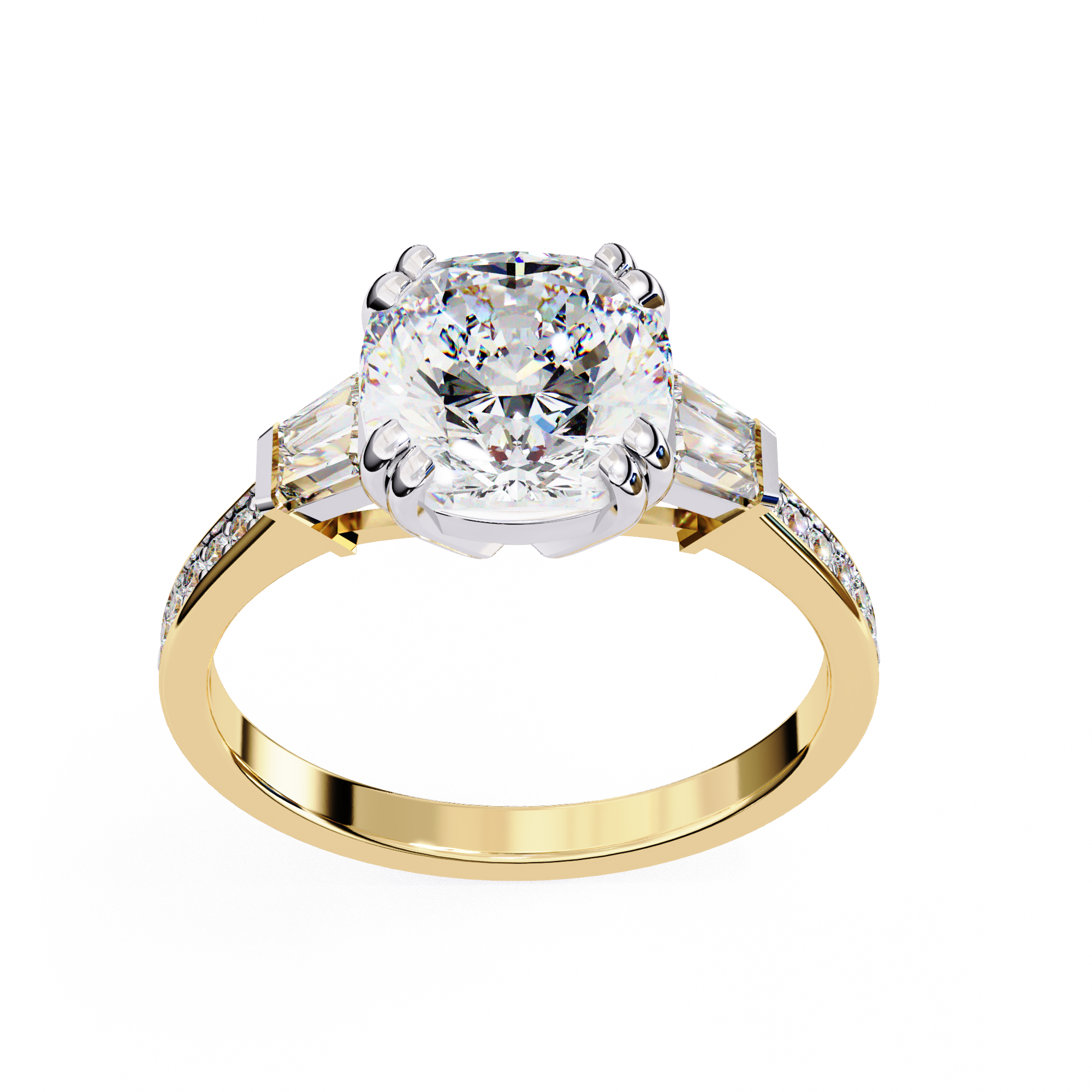 Round Cut Lab Grown Diamond  Ring with Tapered Baguette