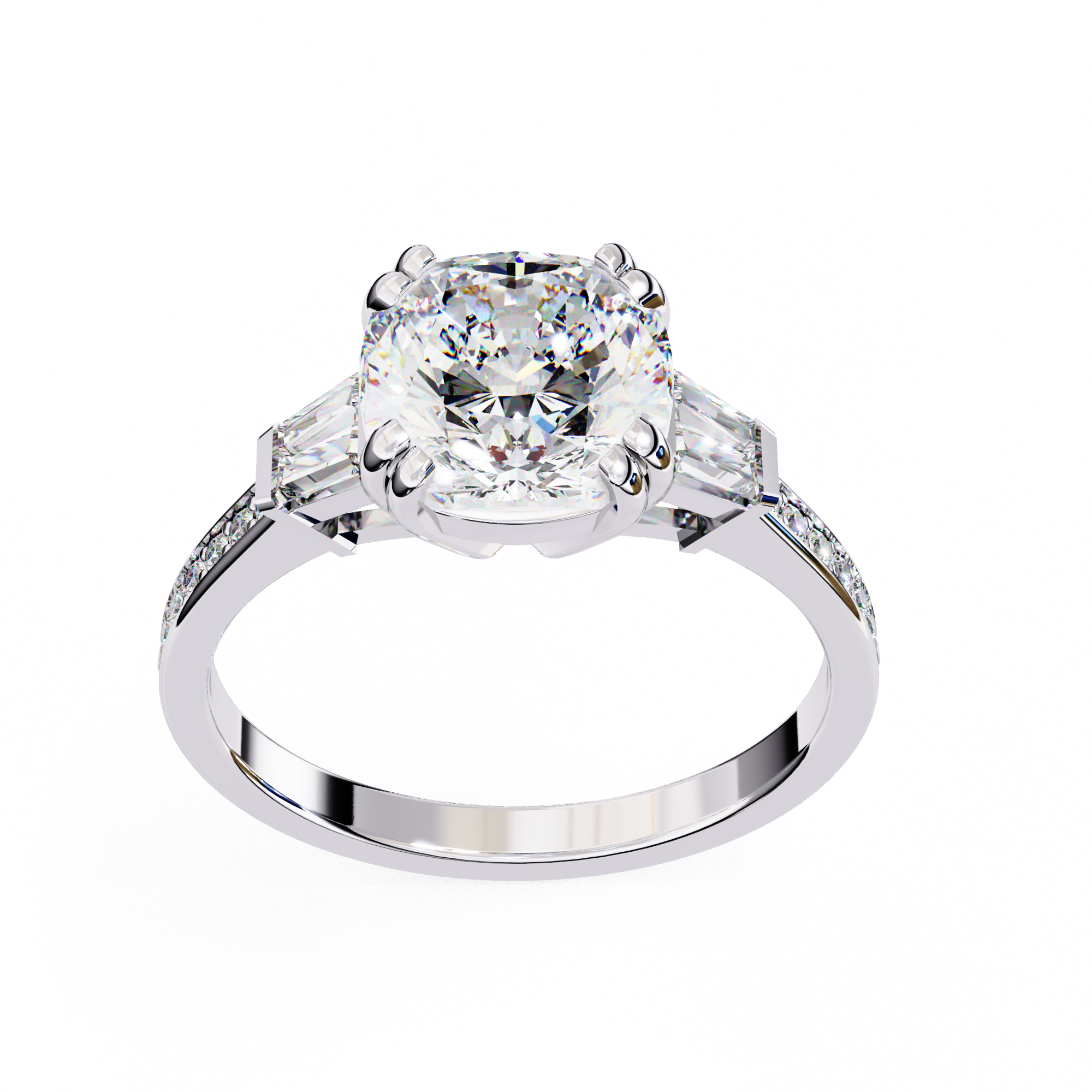 Round Cut Lab Grown Diamond  Ring with Tapered Baguette