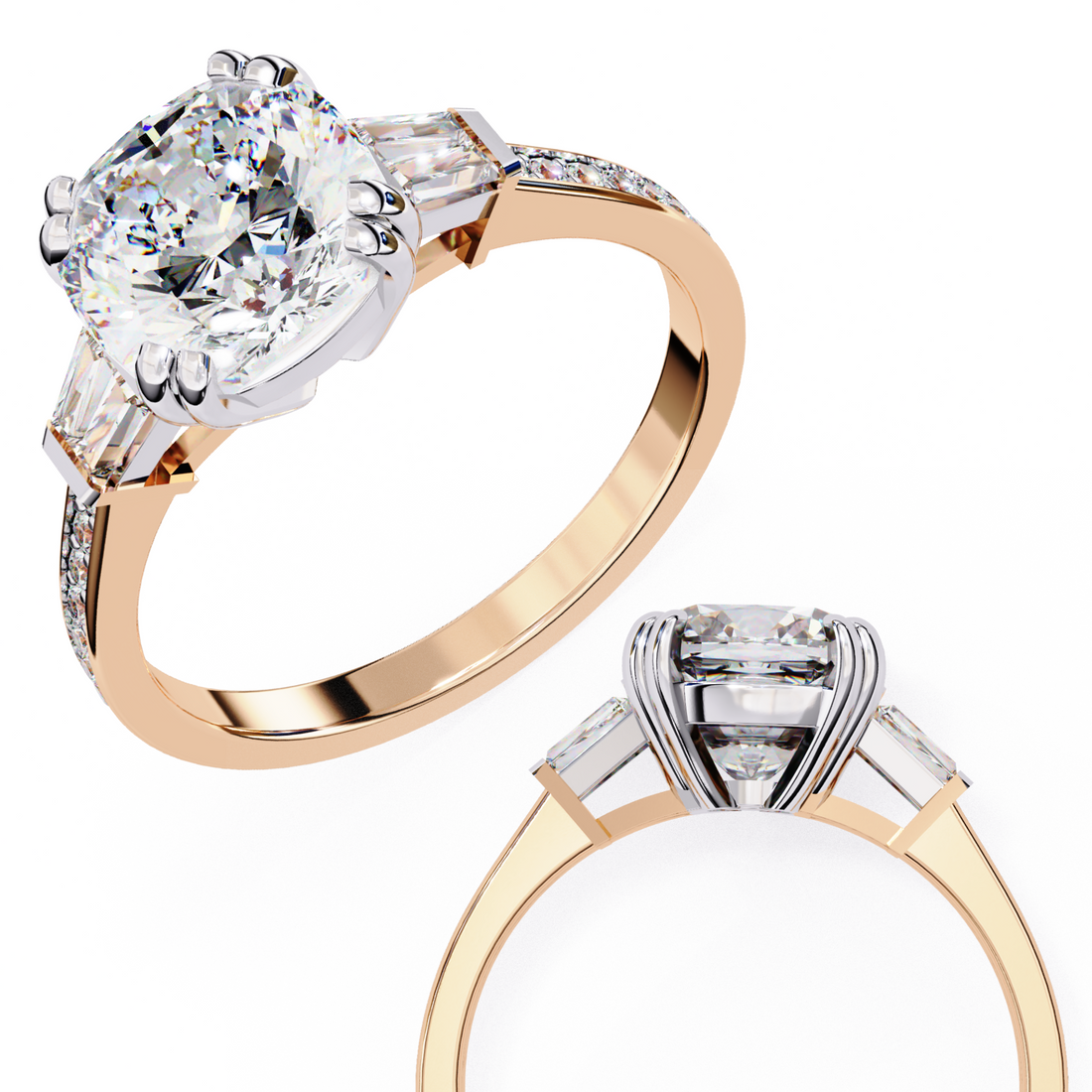 Round Cut Lab Grown Diamond  Ring with Tapered Baguette
