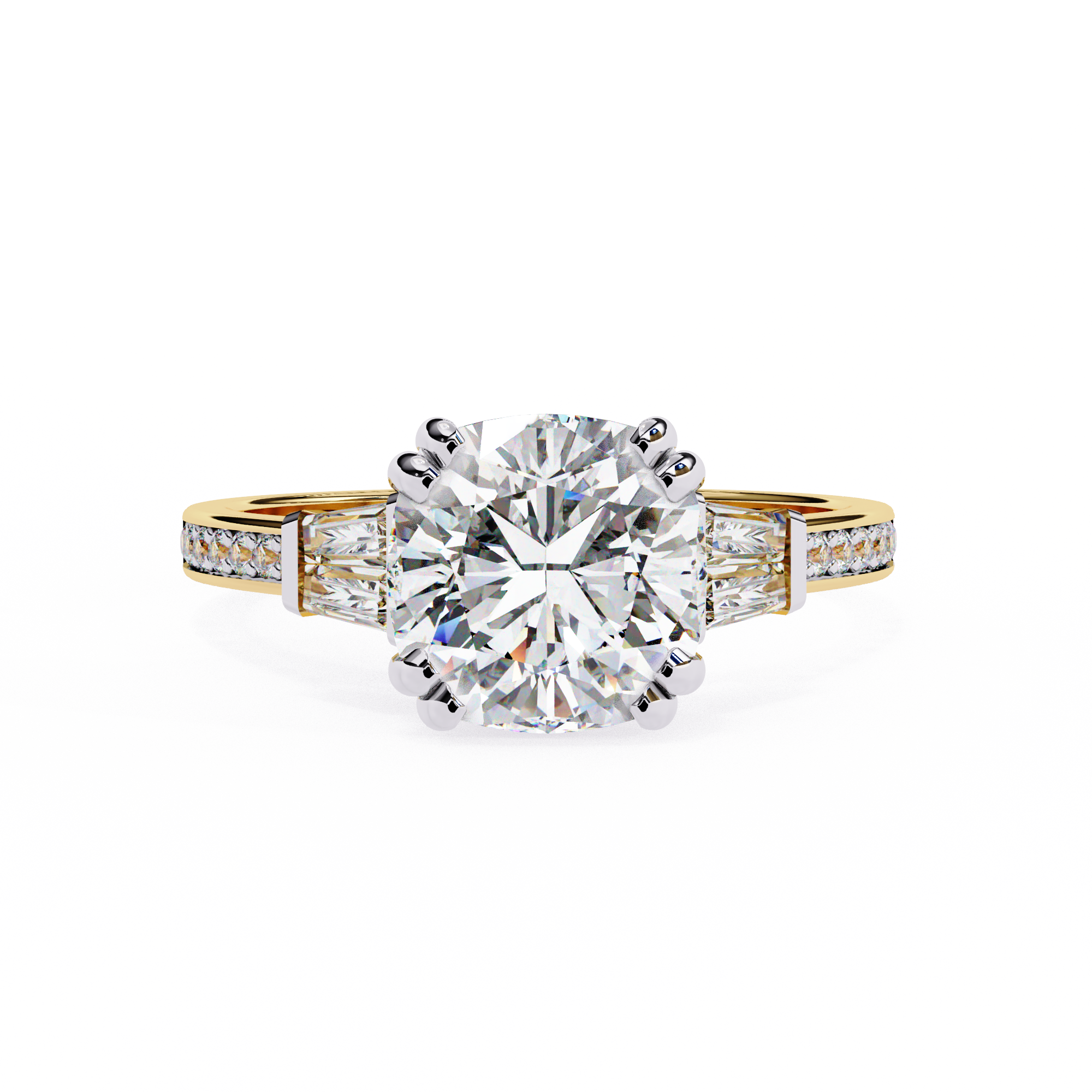 Round Cut Lab Grown Diamond  Ring with Tapered Baguette