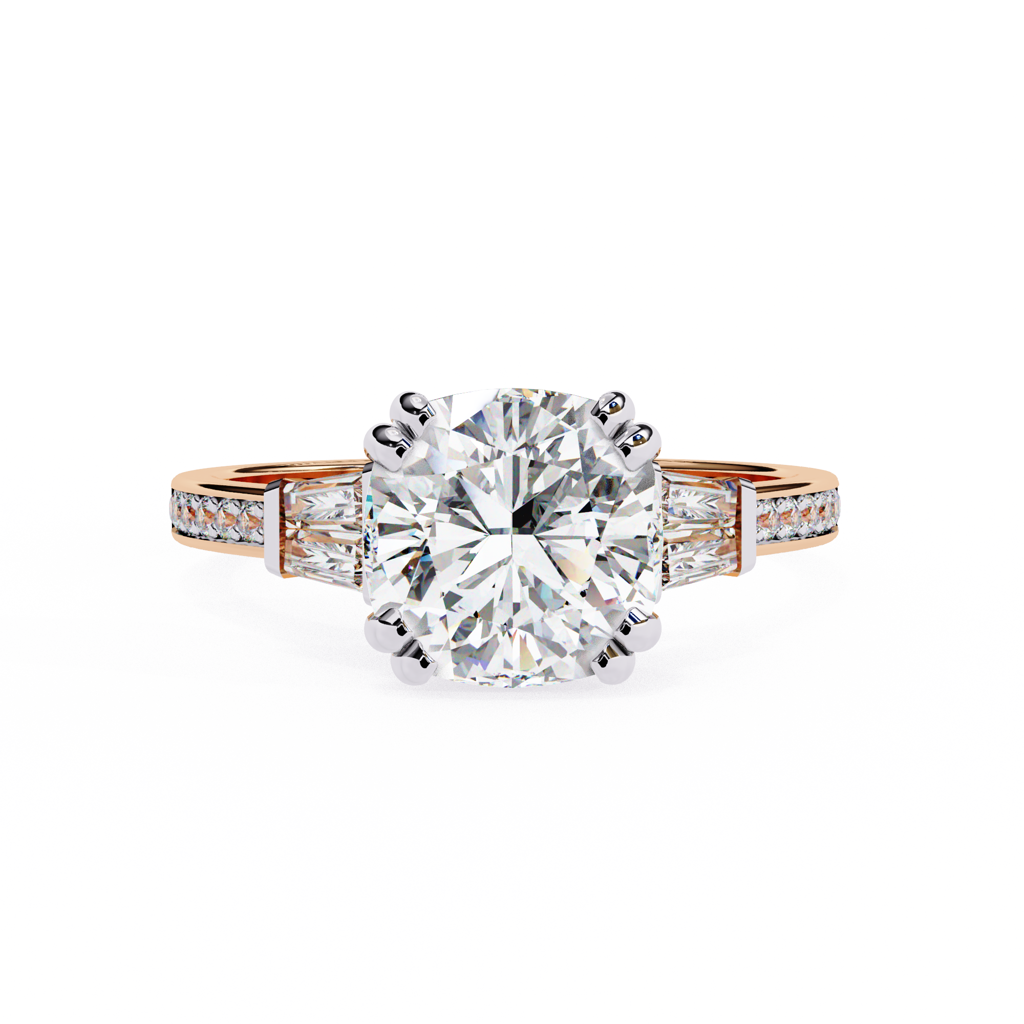 Round Cut Lab Grown Diamond  Ring with Tapered Baguette
