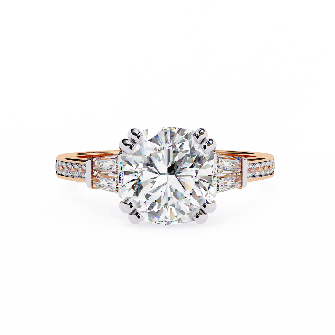 Round Cut Lab Grown Diamond  Ring with Tapered Baguette