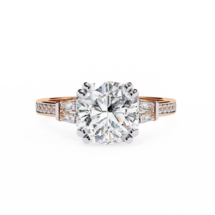 Round Cut Lab Grown Diamond  Ring with Tapered Baguette