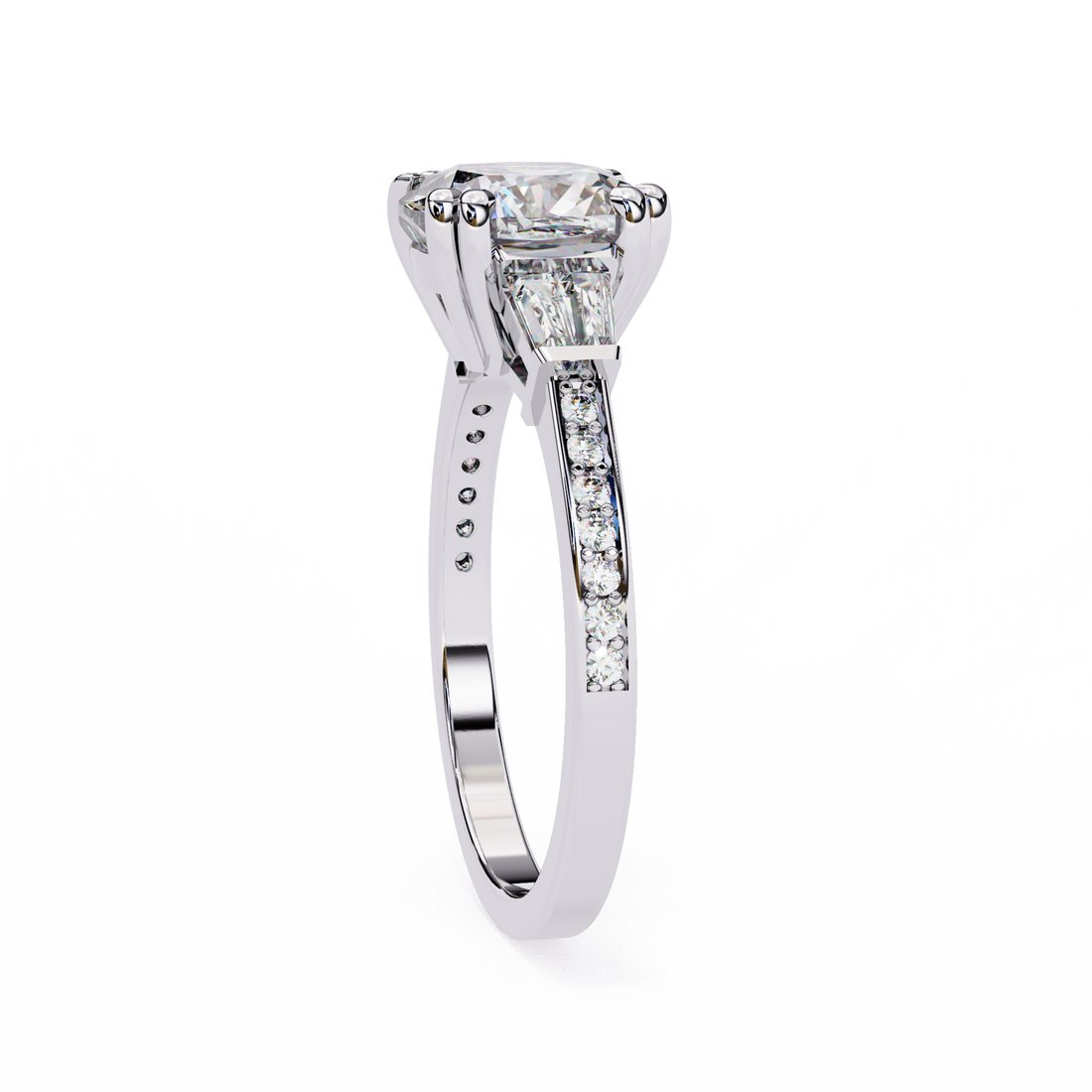 Round Cut Lab Grown Diamond  Ring with Tapered Baguette
