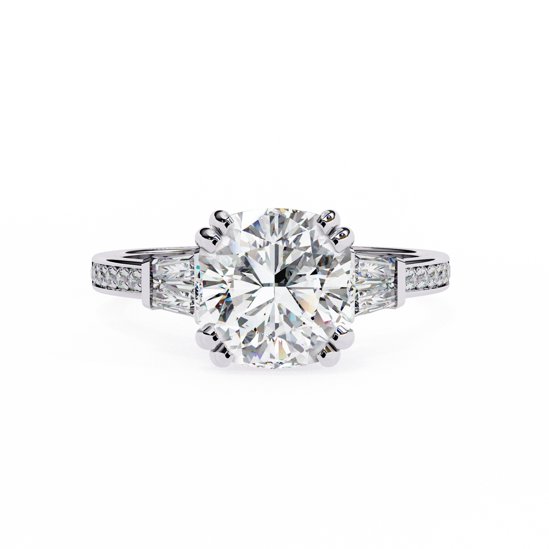 Round Cut Lab Grown Diamond  Ring with Tapered Baguette
