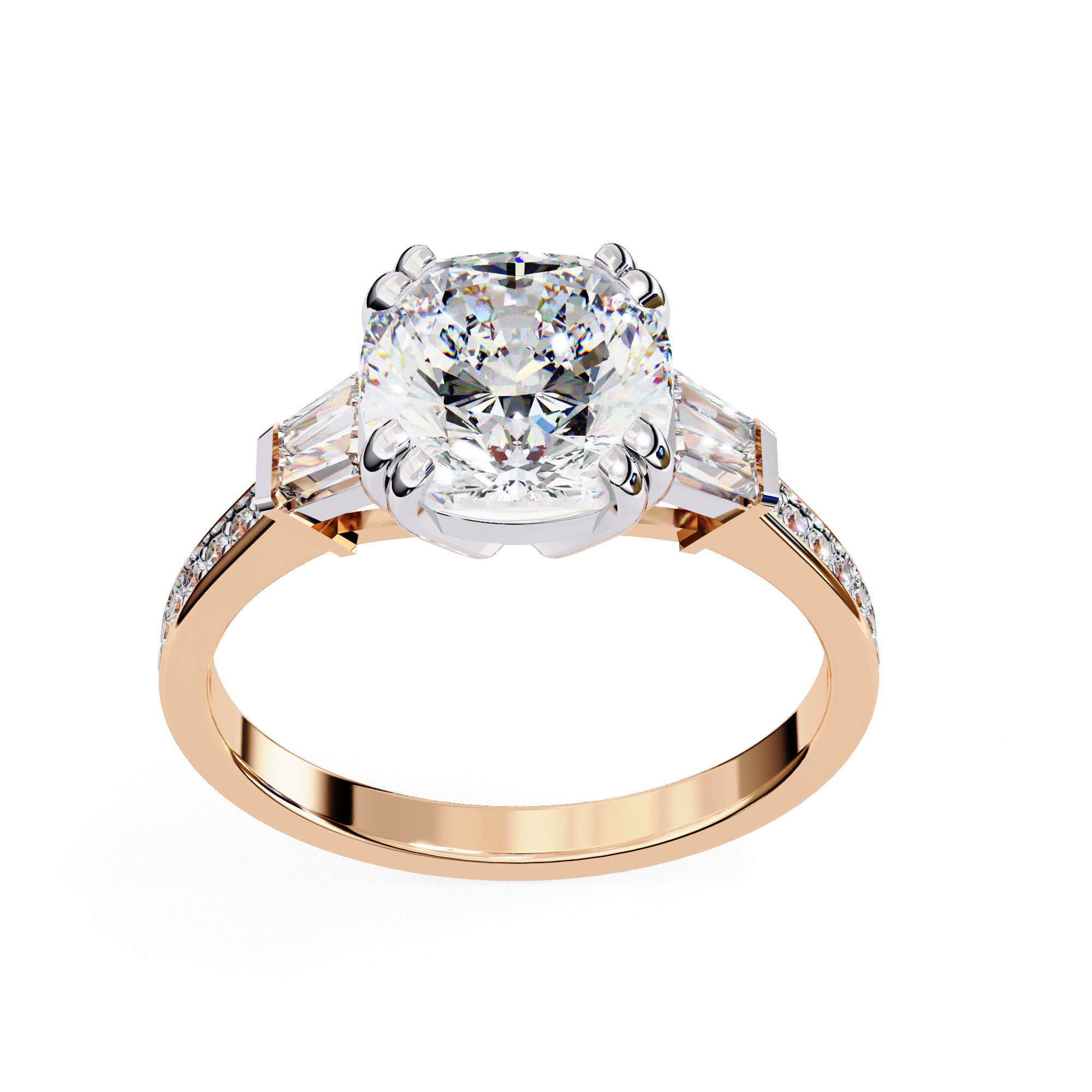 Round Cut Lab Grown Diamond  Ring with Tapered Baguette