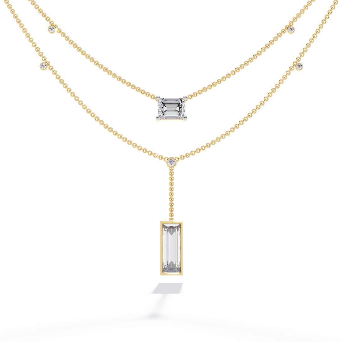 Double Layer Beaded Chain Necklace with Lab Grown Emerald and Baguette Cut Diamonds