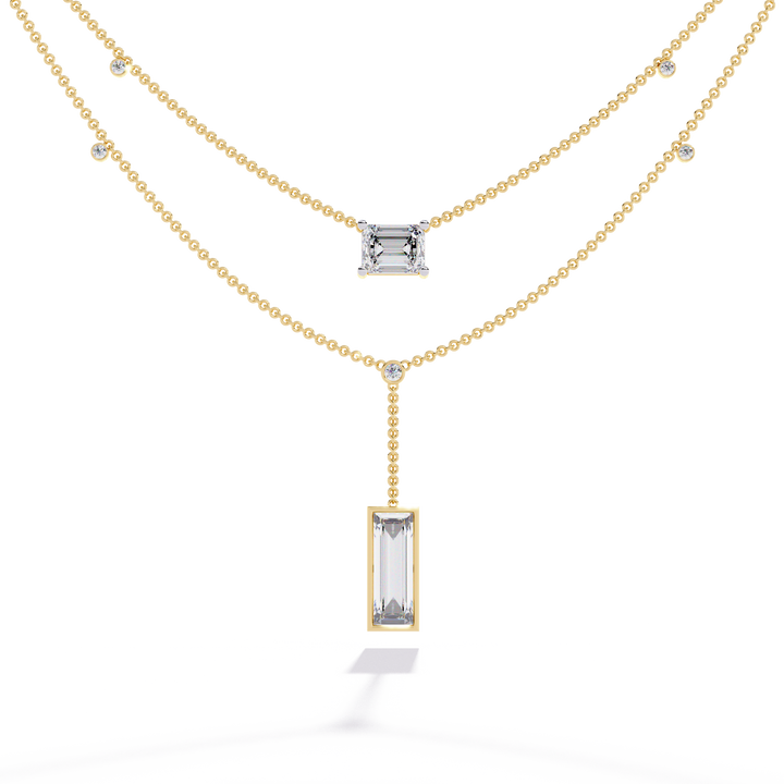 Double Layer Beaded Chain Necklace with Lab Grown Emerald and Baguette Cut Diamonds