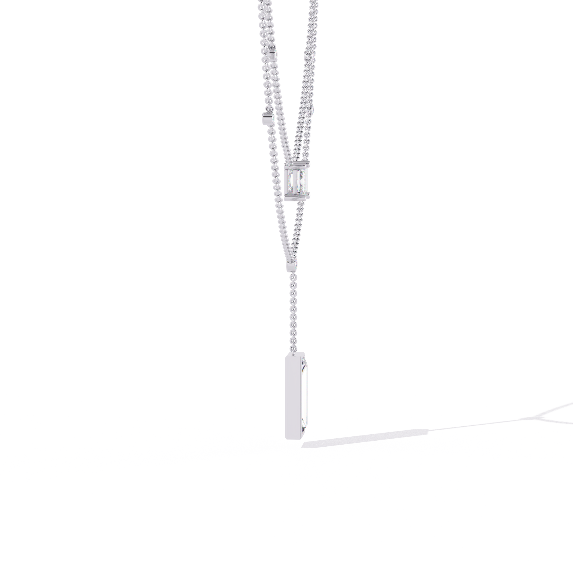 Double Layer Beaded Chain Necklace with Lab Grown Emerald and Baguette Cut Diamonds