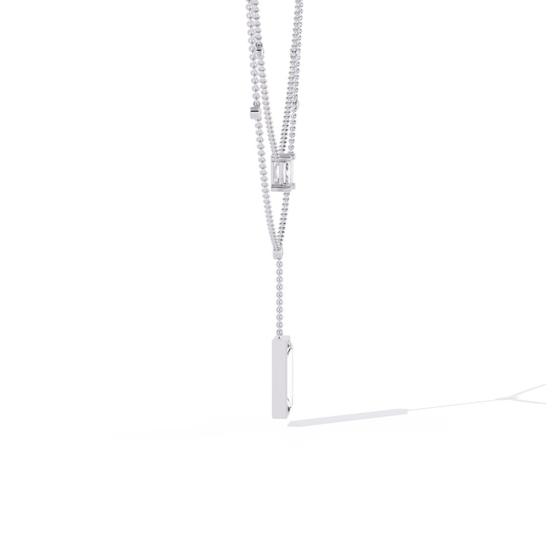 Double Layer Beaded Chain Necklace with Lab Grown Emerald and Baguette Cut Diamonds