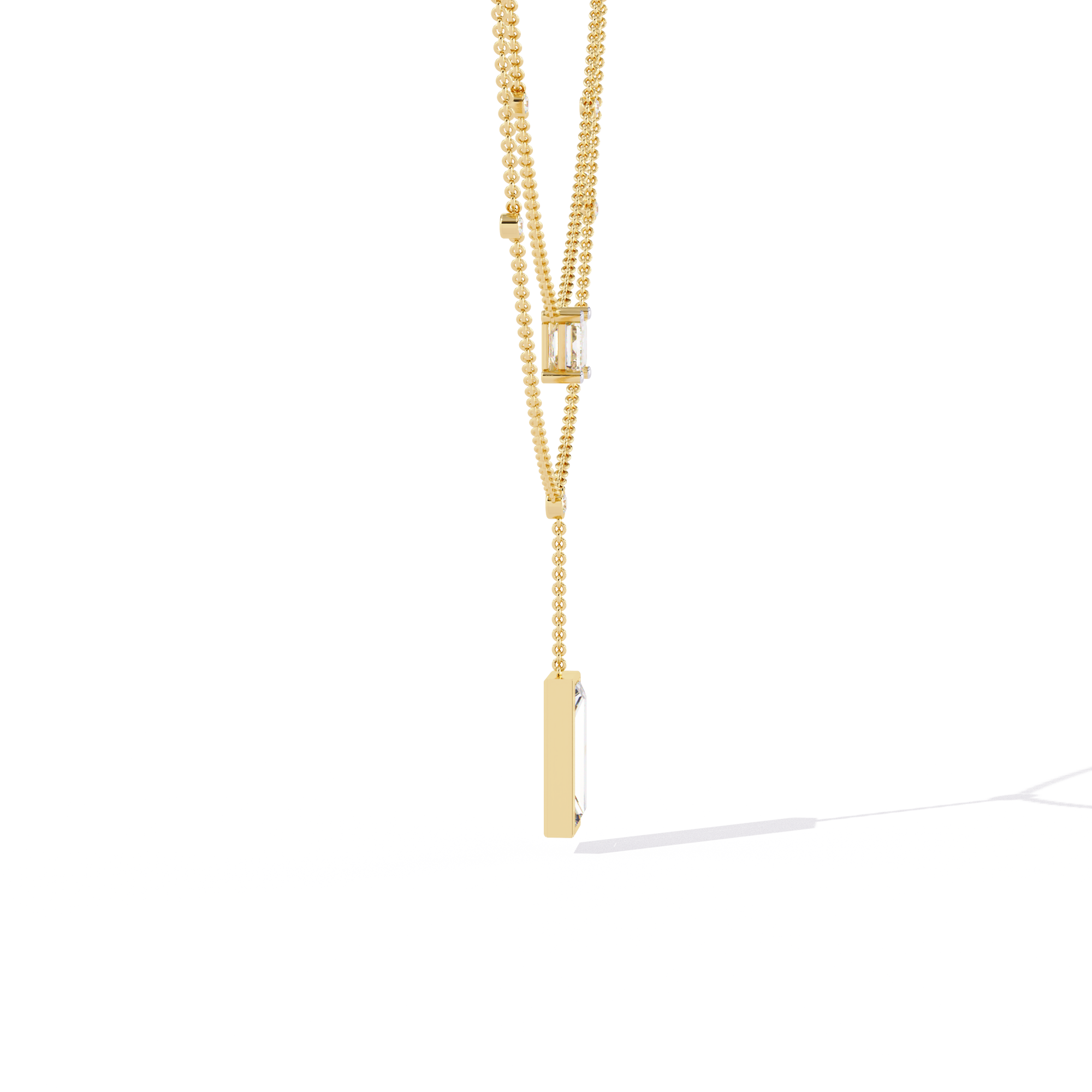 Double Layer Beaded Chain Necklace with Lab Grown Emerald and Baguette Cut Diamonds