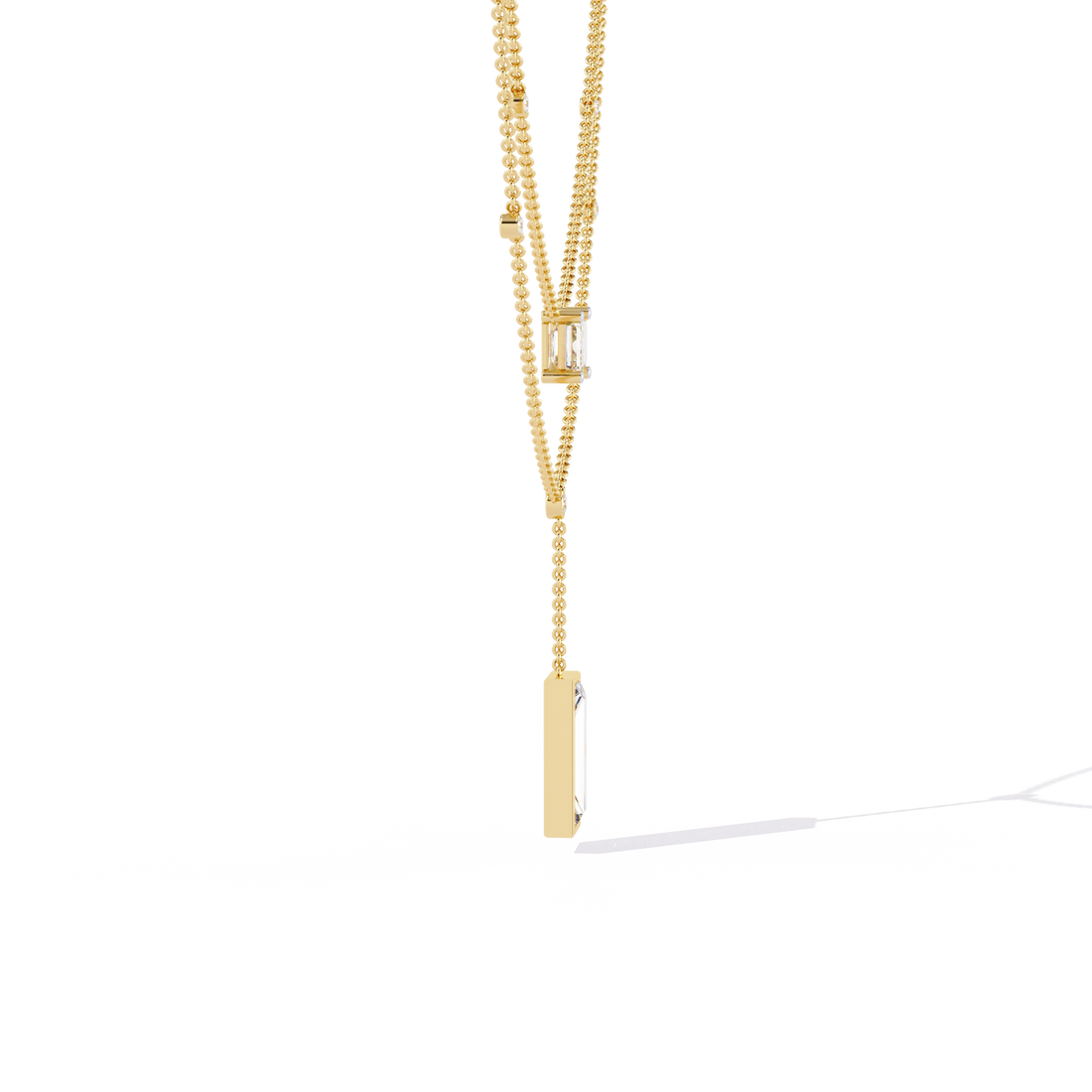 Double Layer Beaded Chain Necklace with Lab Grown Emerald and Baguette Cut Diamonds