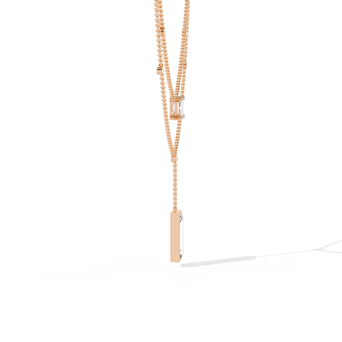 Double Layer Beaded Chain Necklace with Lab Grown Emerald and Baguette Cut Diamonds