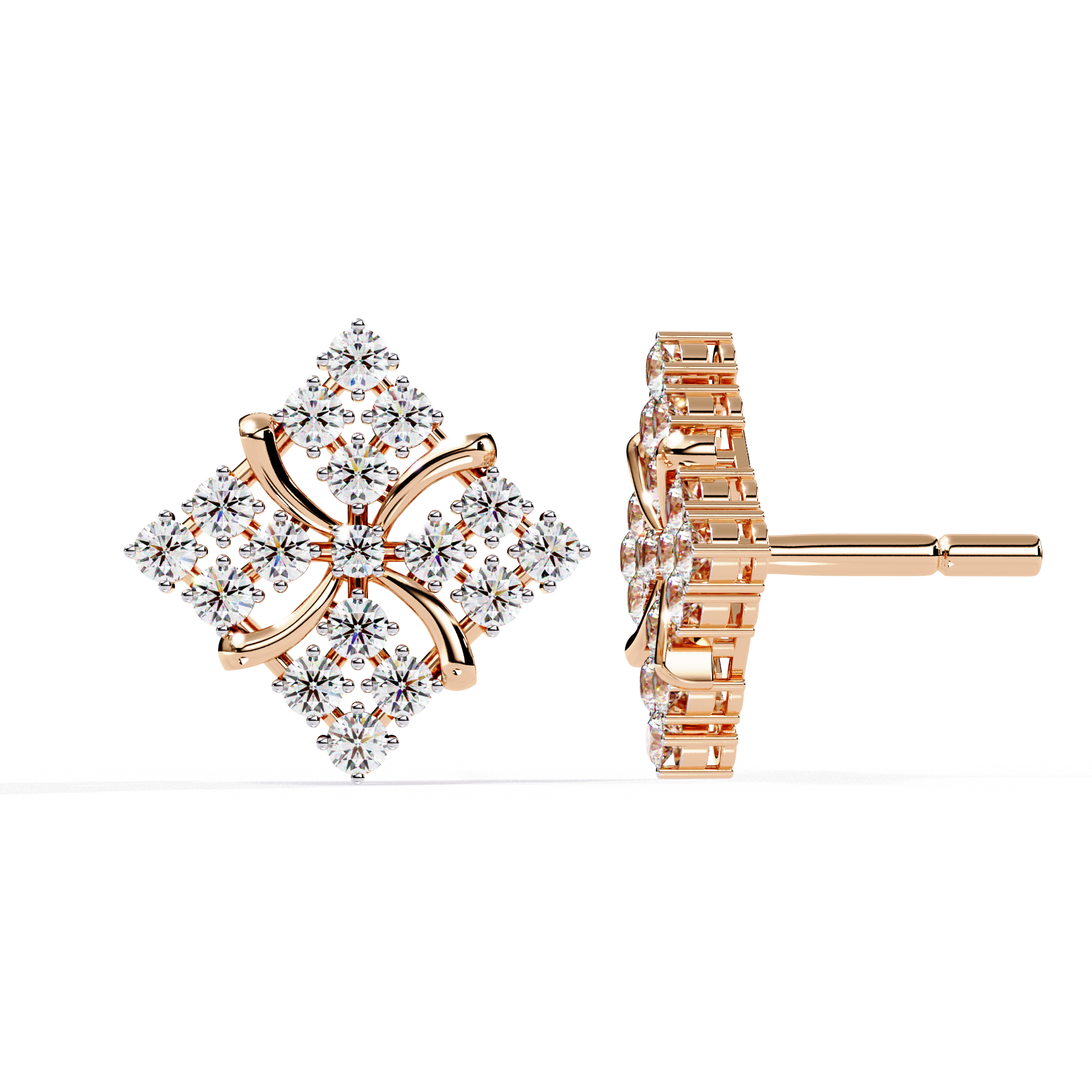 Lab Grown Diamond Floral Stud Earrings – Gold Square Cluster Design