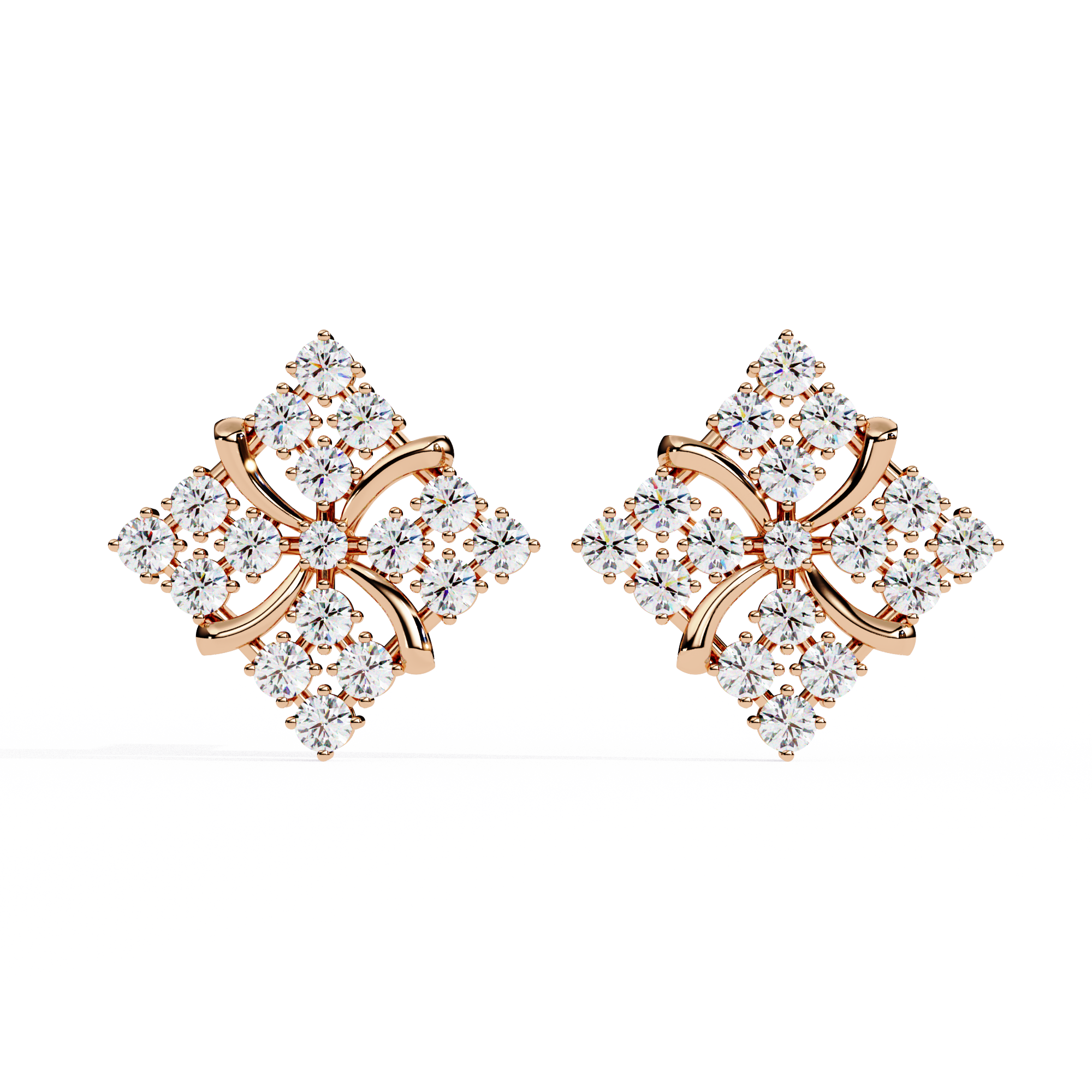 Lab Grown Diamond Floral Stud Earrings – Gold Square Cluster Design
