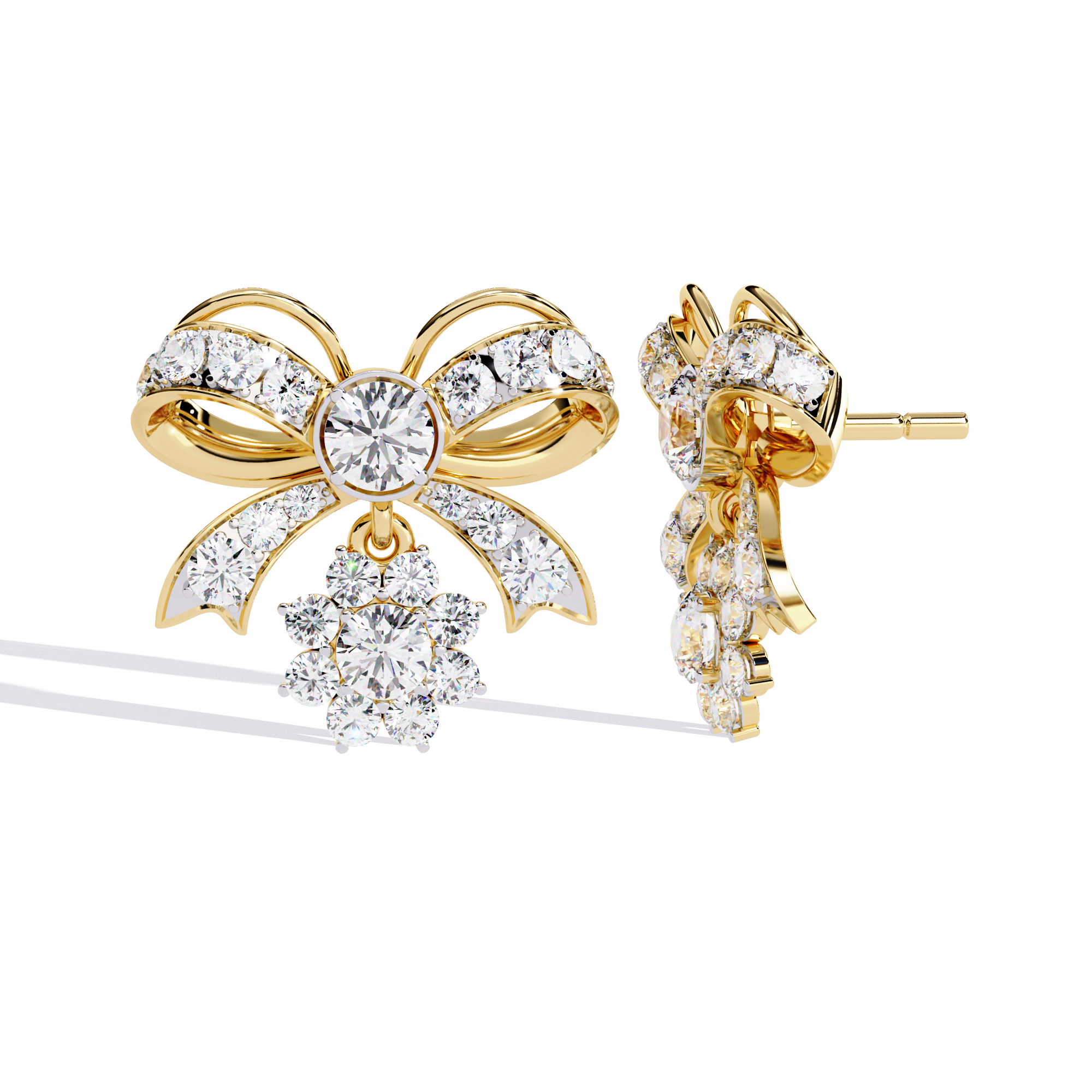 Lab Grown Diamond Bow Earrings – Gold Floral Drop Studs