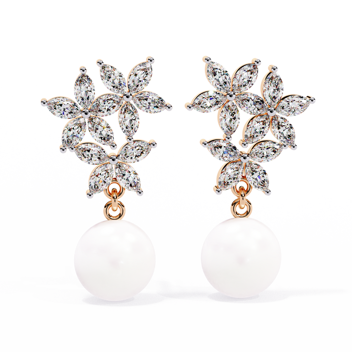 Floral Diamond Pearl Drop Earrings – Lab Grown Gold Jewelry