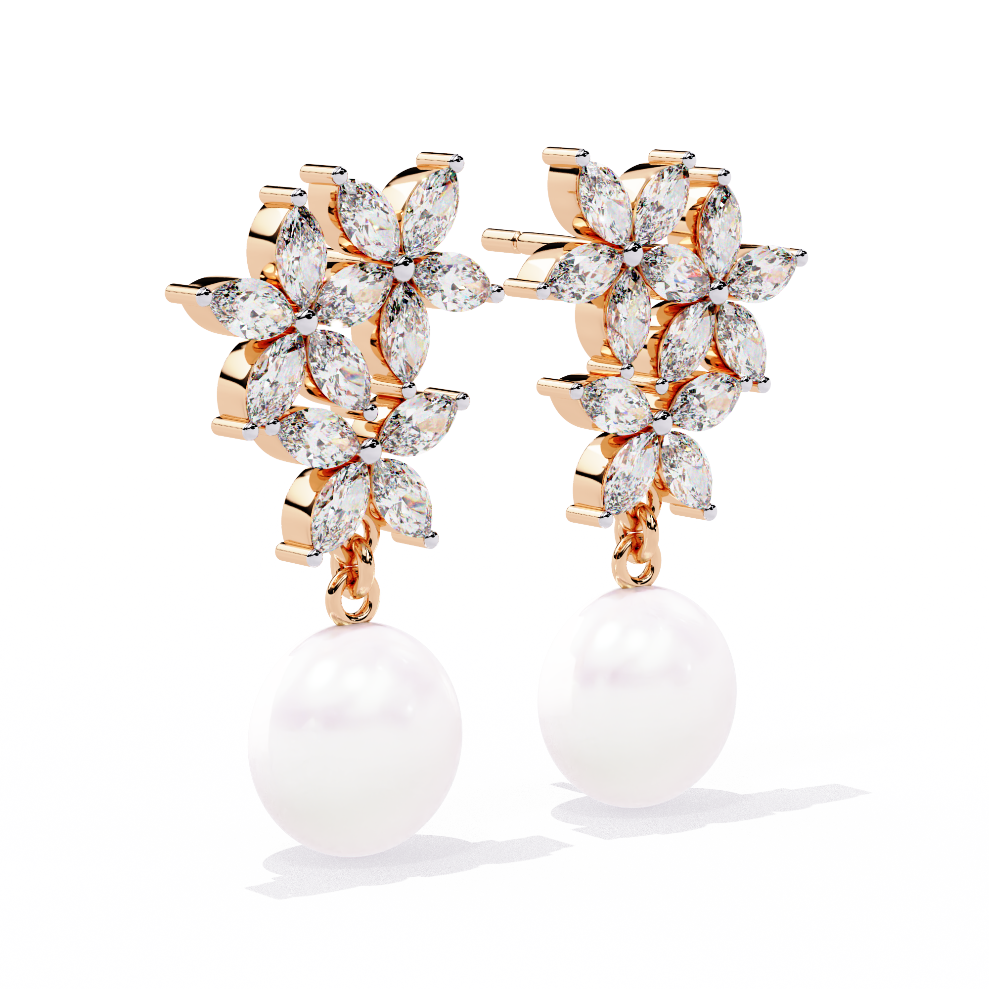 Floral Diamond Pearl Drop Earrings – Lab Grown Gold Jewelry