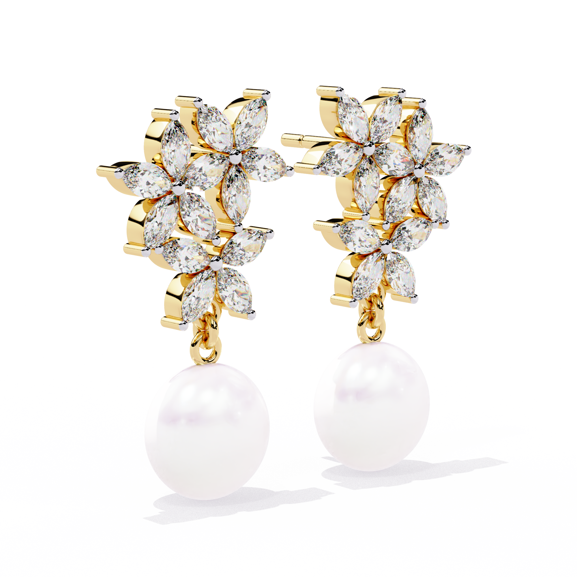 Floral Diamond Pearl Drop Earrings – Lab Grown Gold Jewelry