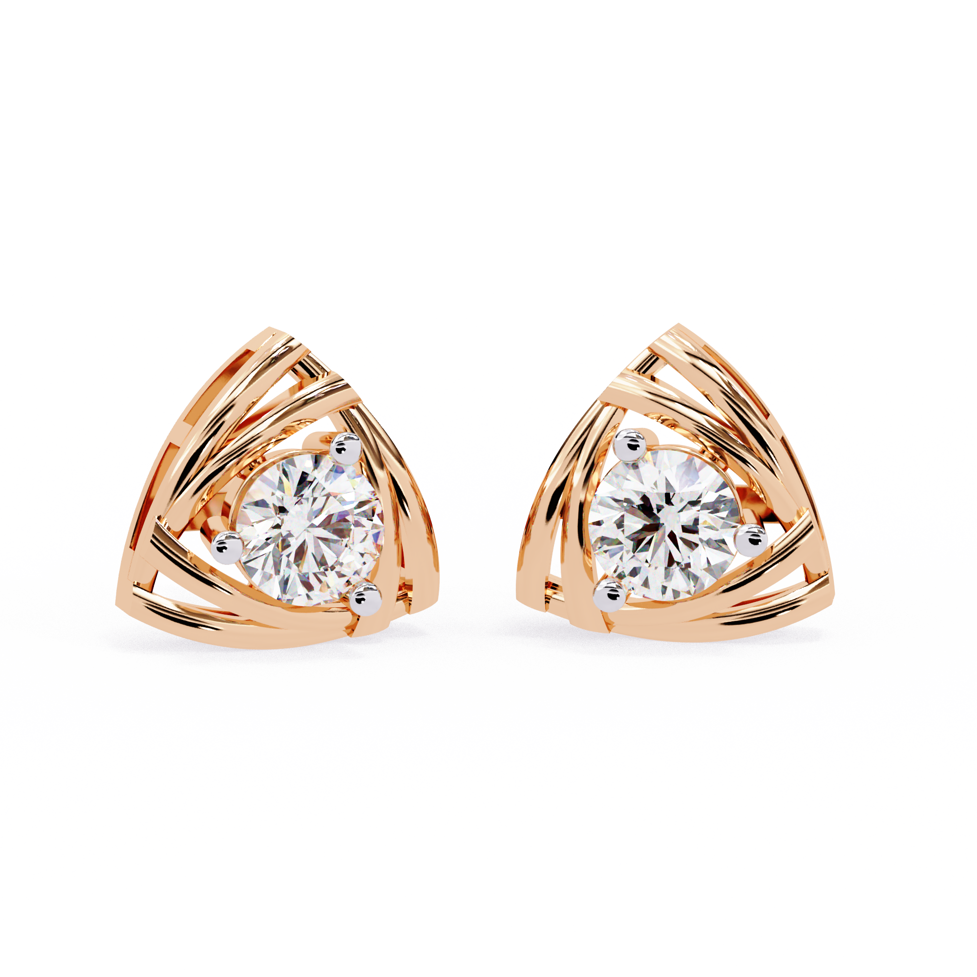 Triangle Gold Stud Earrings Lab Grown Round Cut Diamond