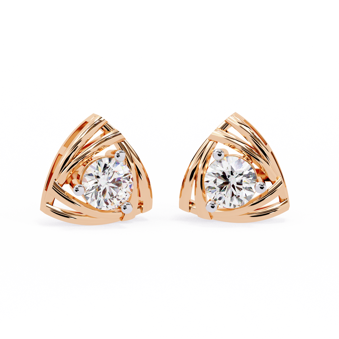 Triangle Gold Stud Earrings Lab Grown Round Cut Diamond