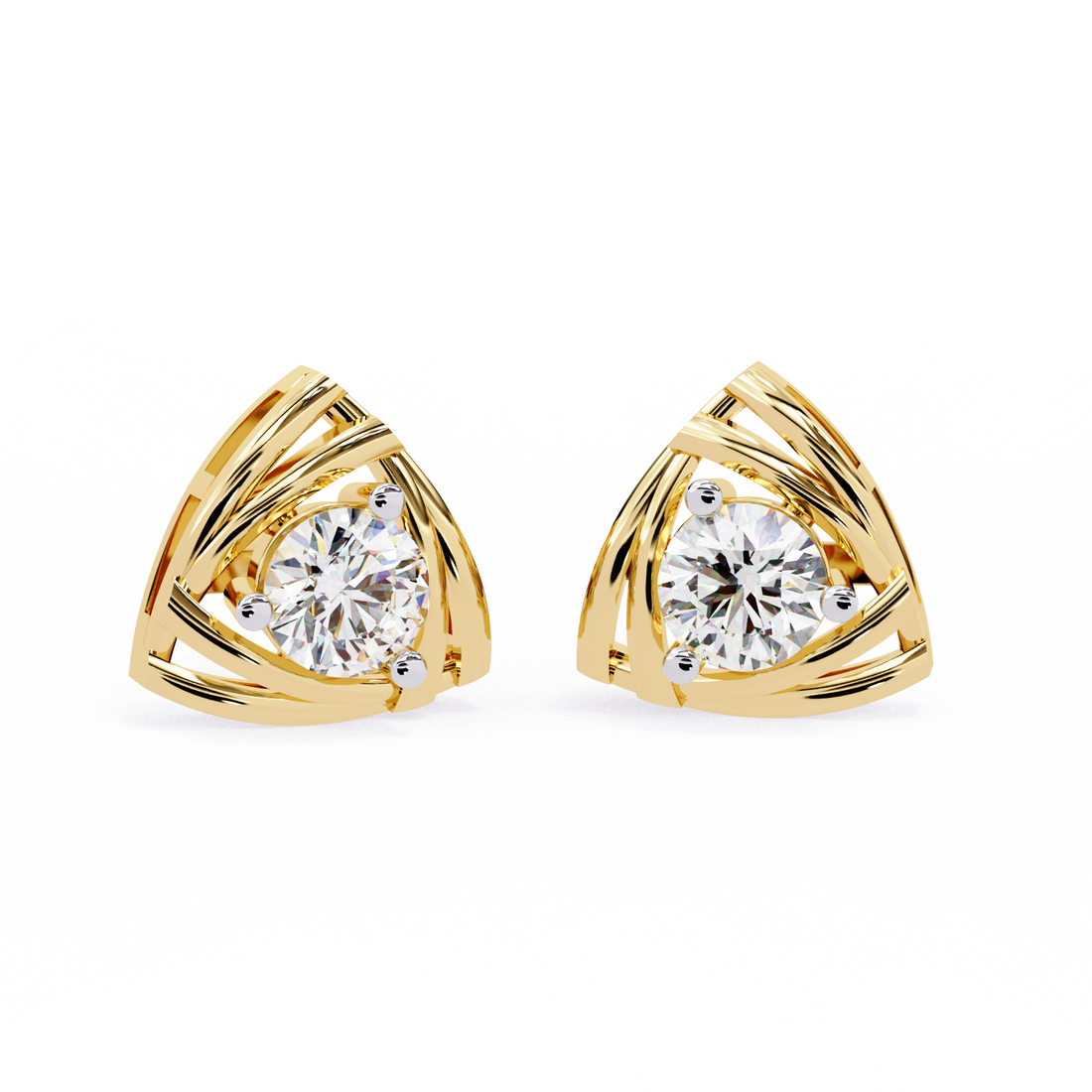 Triangle Gold Stud Earrings Lab Grown Round Cut Diamond