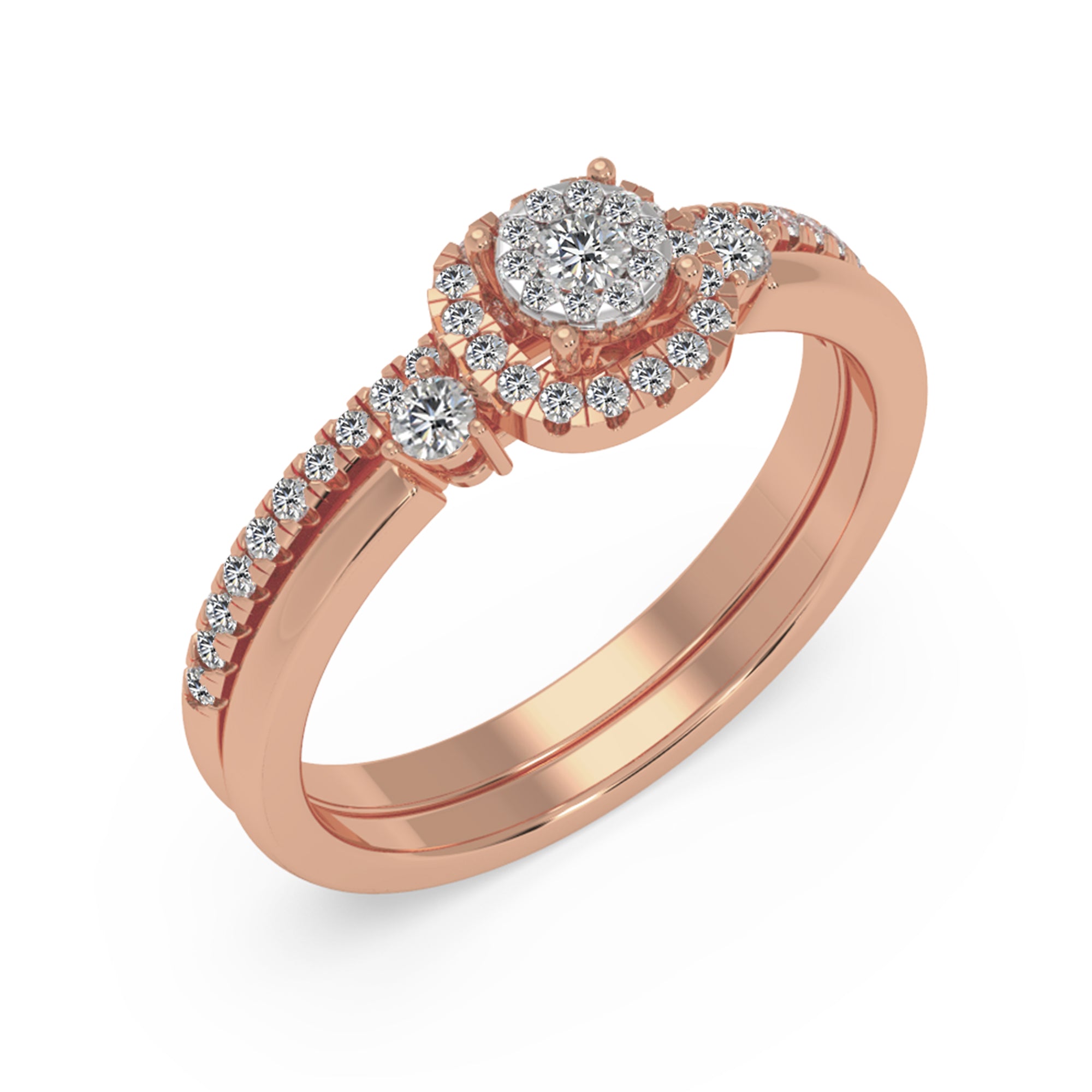 Round Brilliant Lab-Grown Diamond Bridal Duo – Three-Stone Halo Style