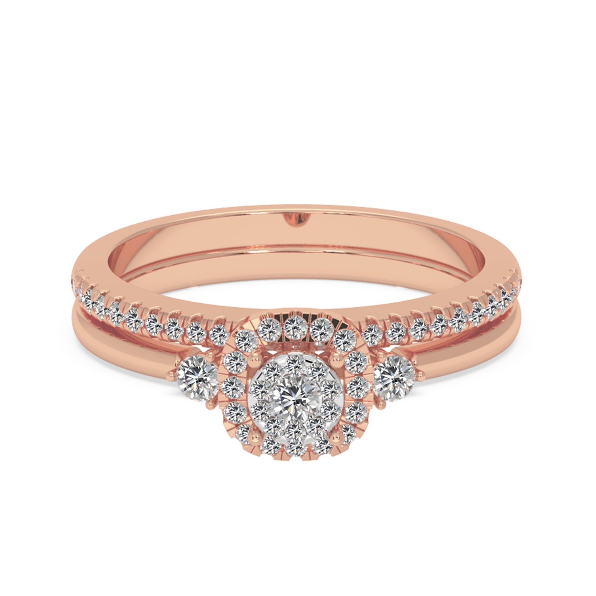 Round Brilliant Lab-Grown Diamond Bridal Duo – Three-Stone Halo Style