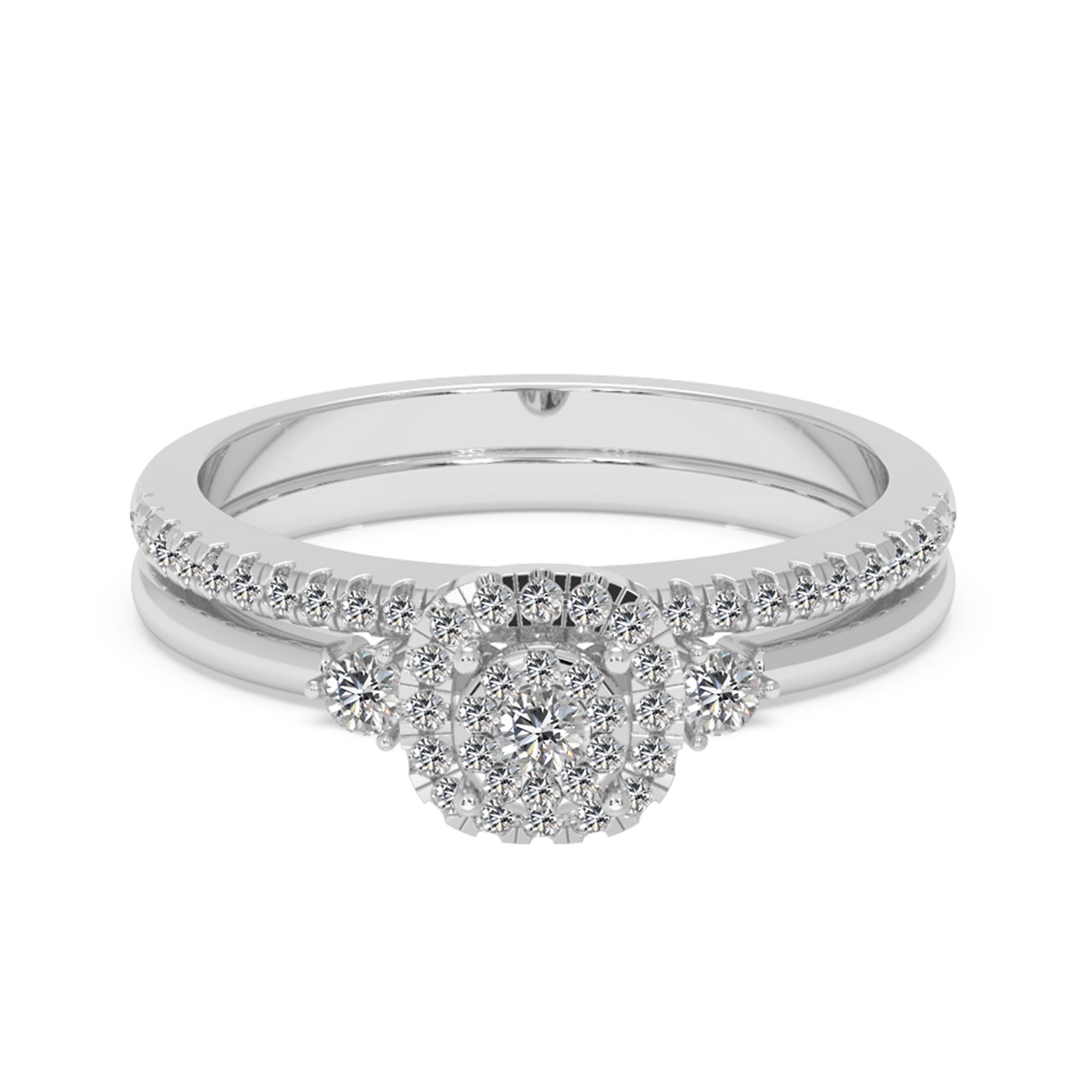 Round Brilliant Lab-Grown Diamond Bridal Duo – Three-Stone Halo Style