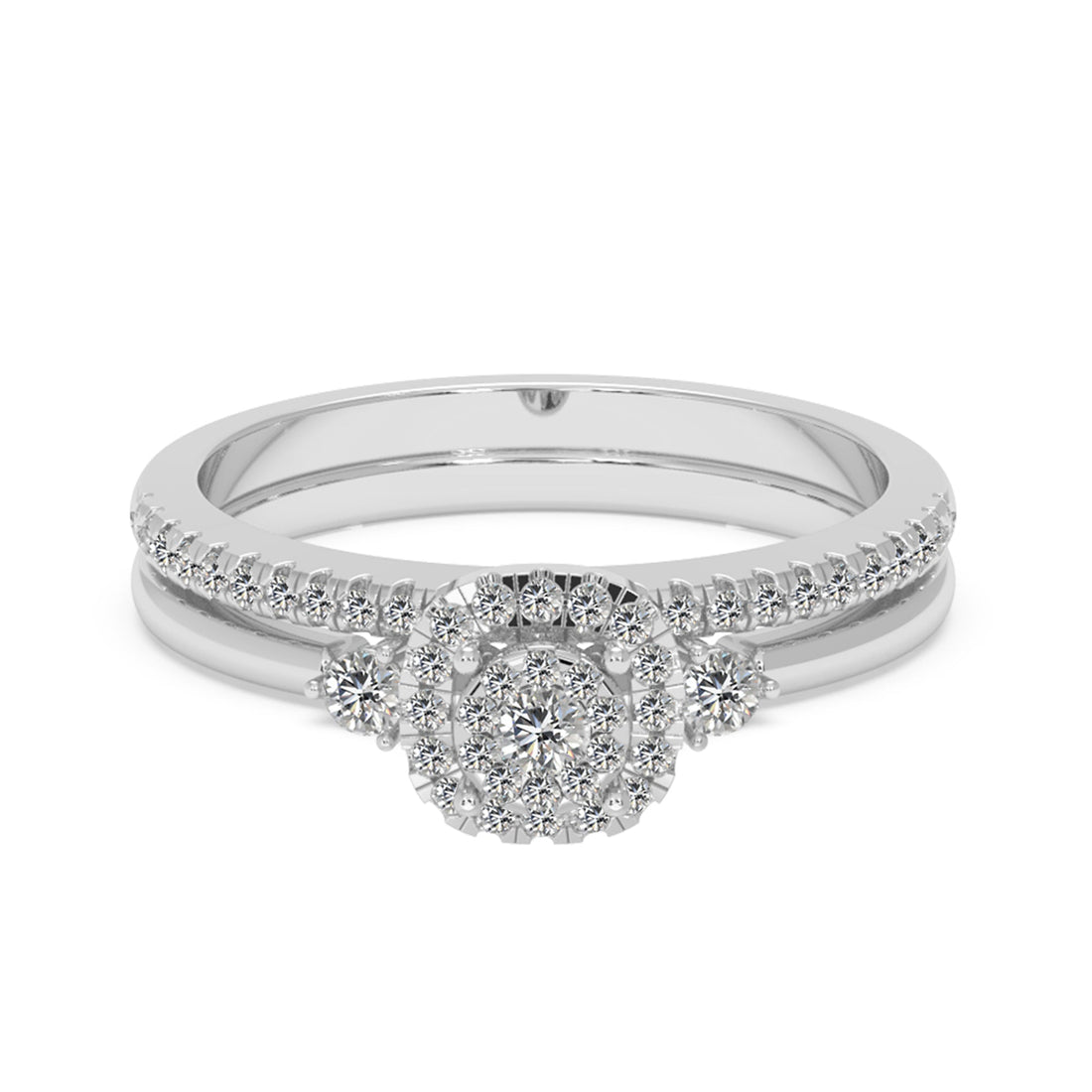 Round Brilliant Lab-Grown Diamond Bridal Duo – Three-Stone Halo Style