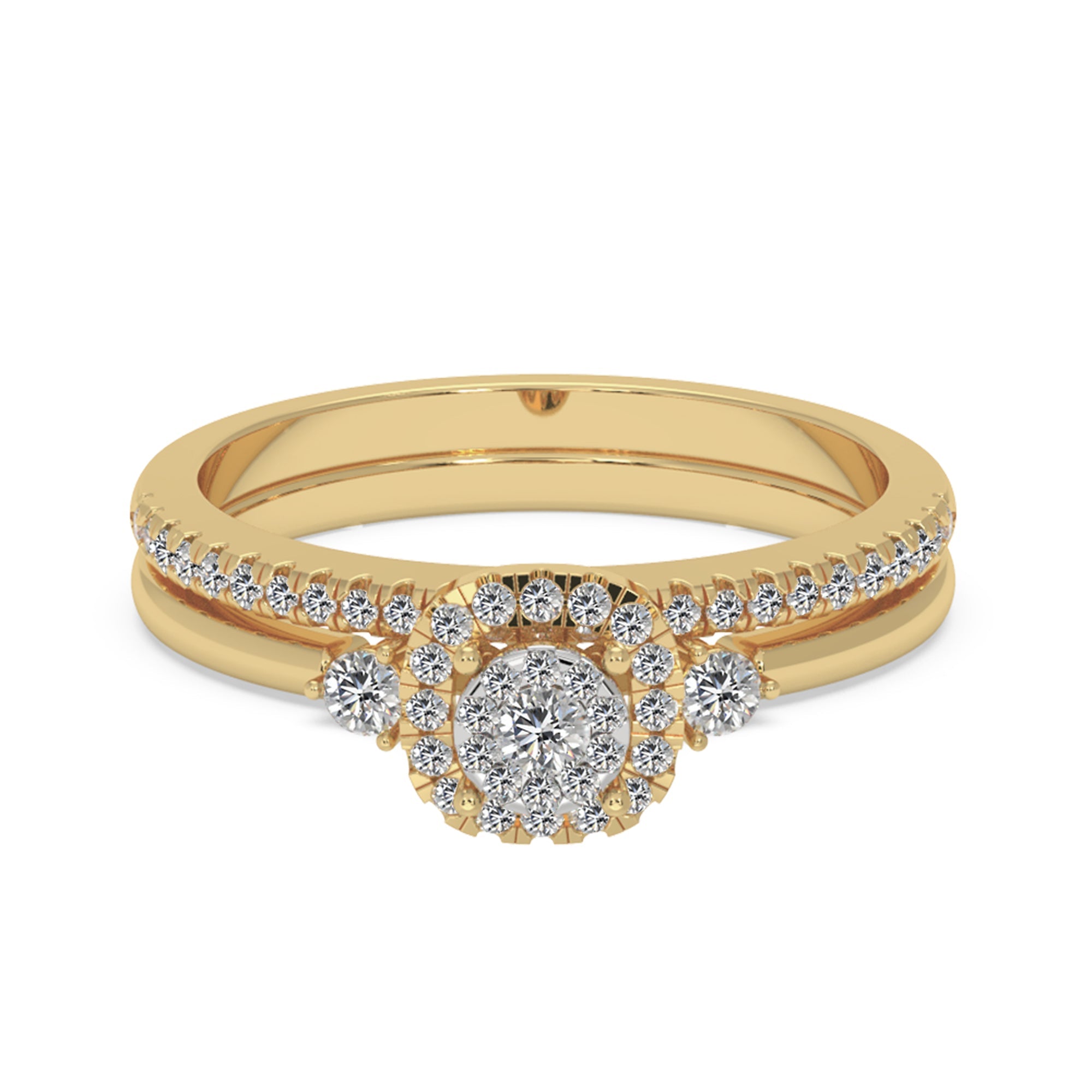 Round Brilliant Lab-Grown Diamond Bridal Duo – Three-Stone Halo Style