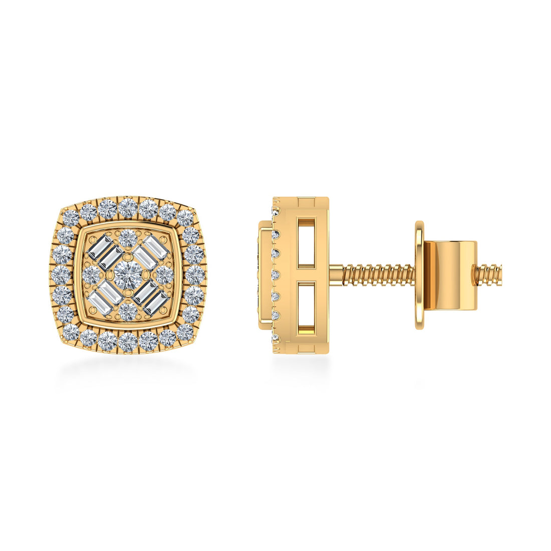 Elegant Halo Lab Grown Earrings with Baguette Stones