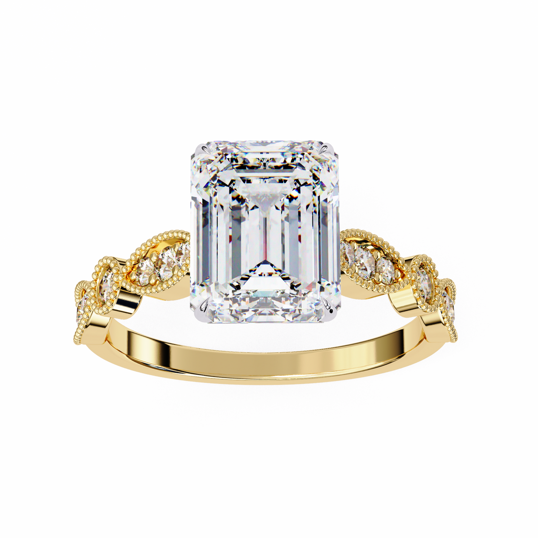 Emerald Cut Diamond Engagement Ring – Vintage Milgrain  Gold Setting