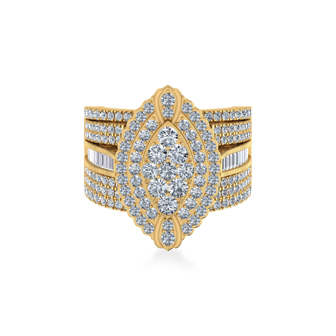Floral Cluster Wide Baguette Pave Band Diamond Ring
