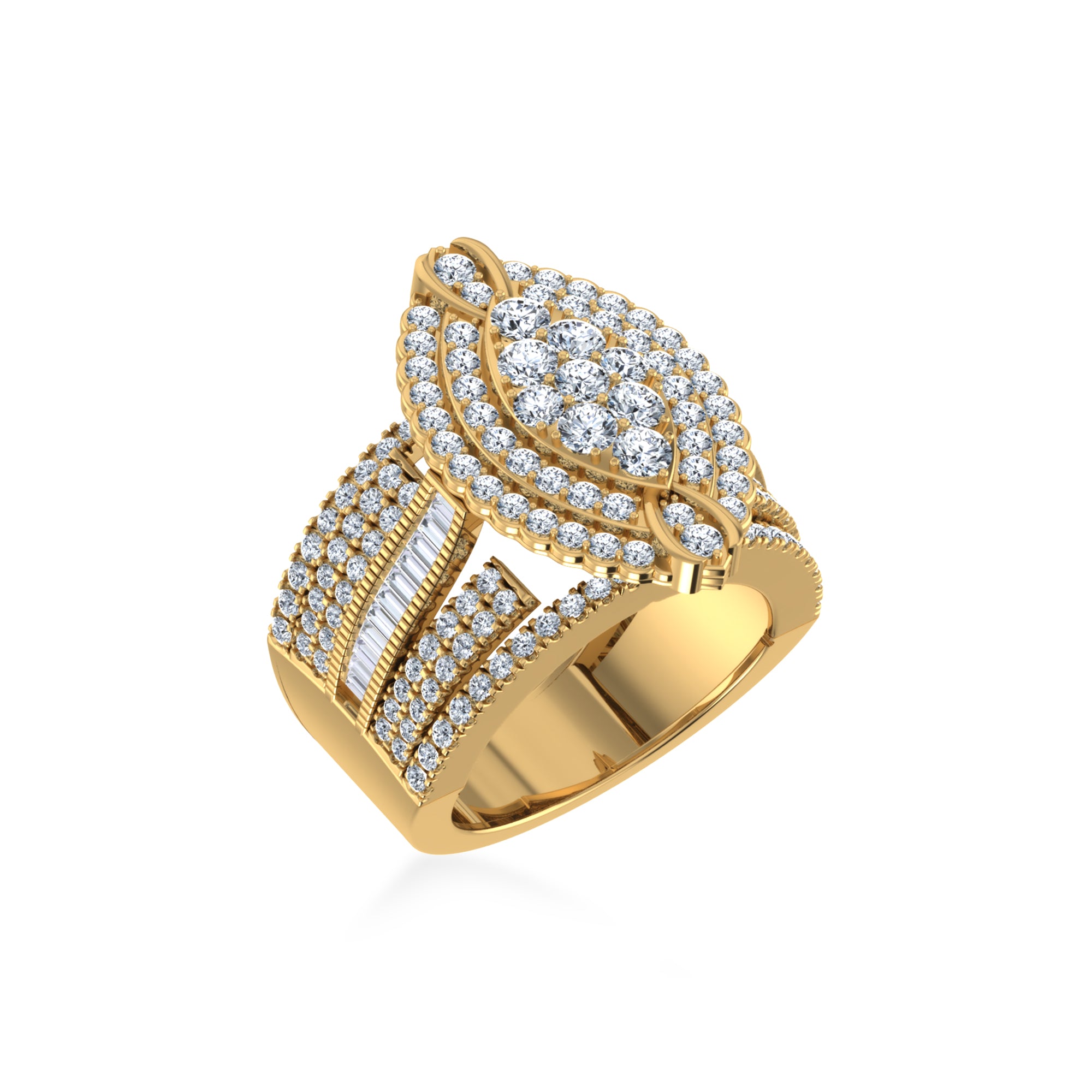 Floral Cluster Wide Baguette Pave Band Diamond Ring 3