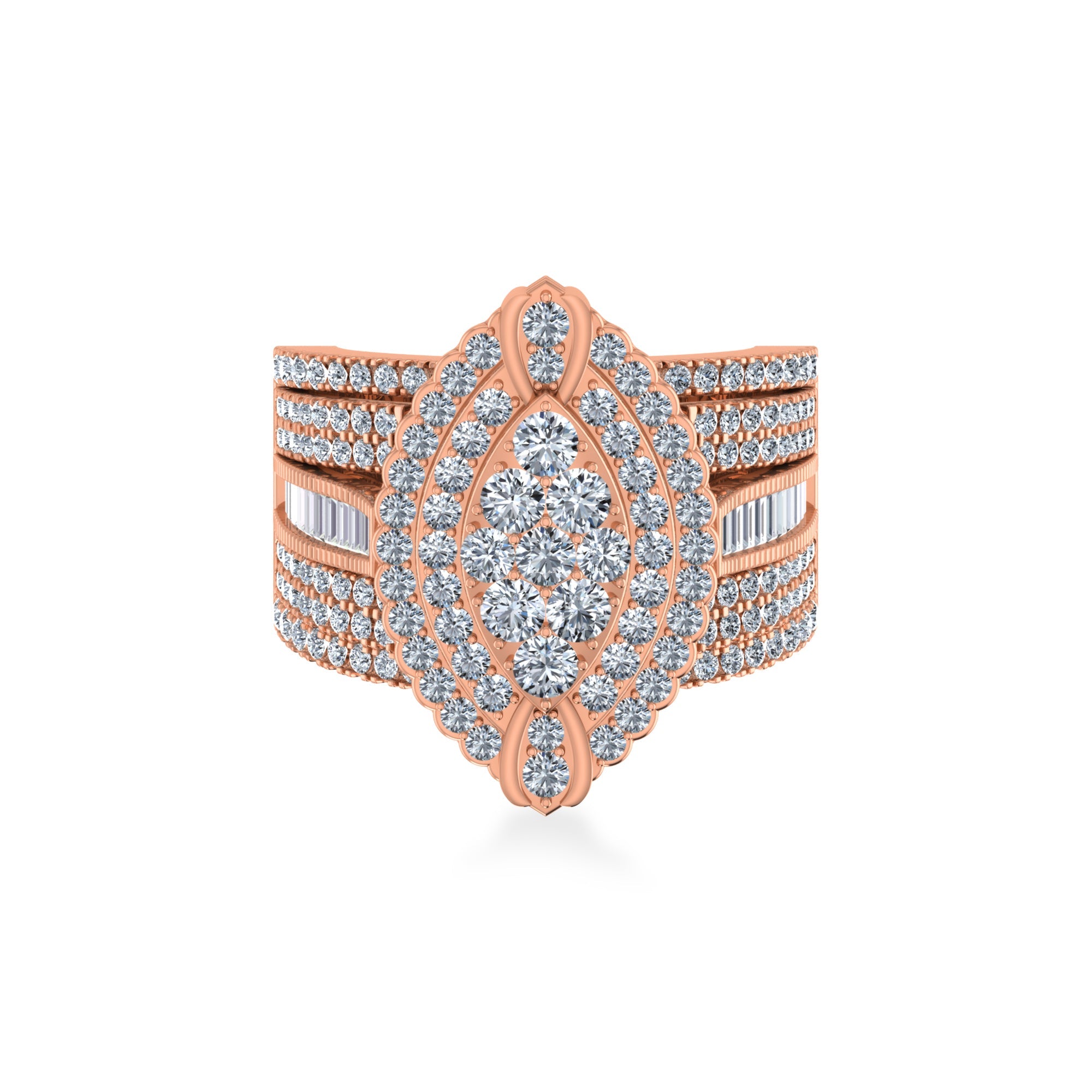 Floral Cluster Wide Baguette Pave Band Diamond Ring 4