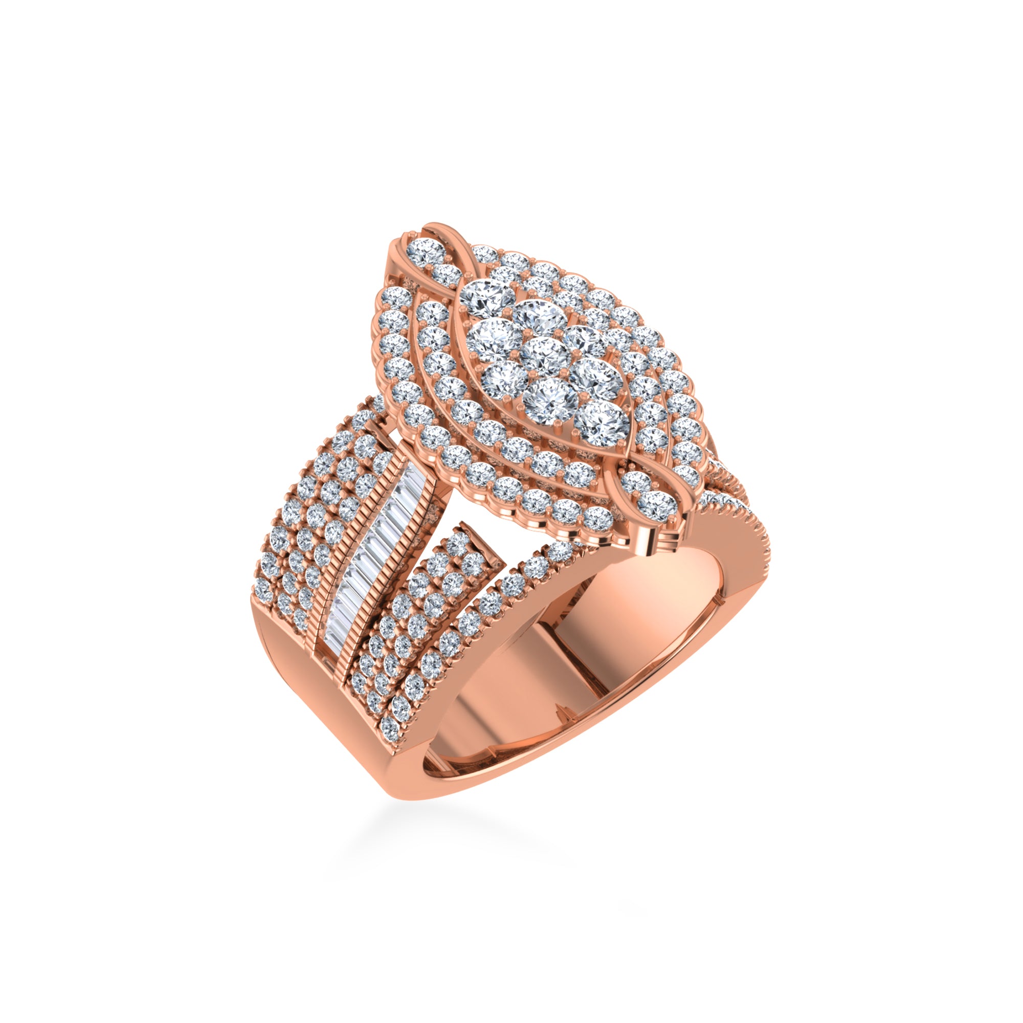 Floral Cluster Wide Baguette Pave Band Diamond Ring 6