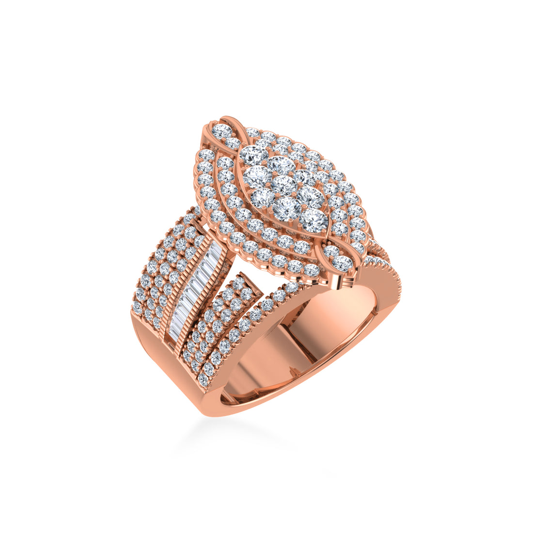 Floral Cluster Wide Baguette Pave Band Diamond Ring 6