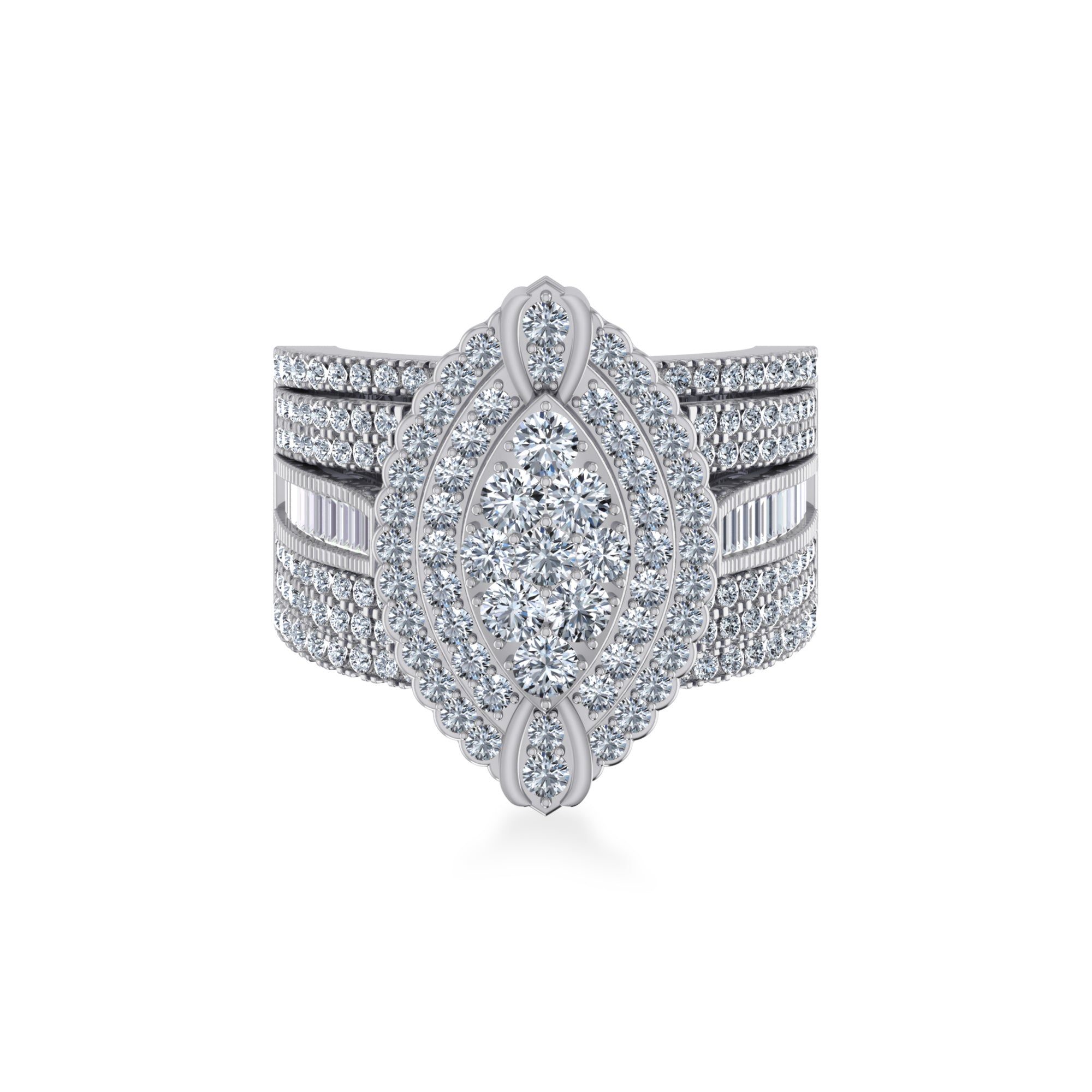 Floral Cluster Wide Baguette Pave Band Diamond Ring 7