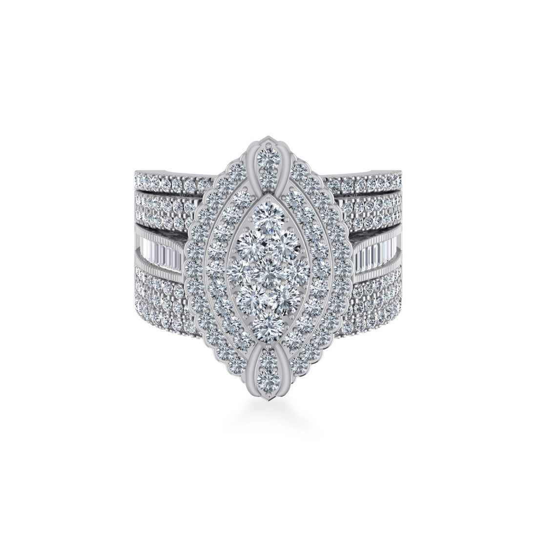 Floral Cluster Wide Baguette Pave Band Diamond Ring 7