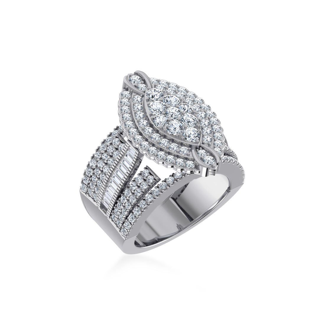 Floral Cluster Wide Baguette Pave Band Diamond Ring 9