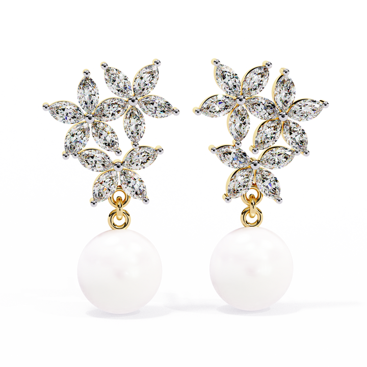 Floral Diamond Pearl Drop Earrings – Lab Grown Gold Jewelry