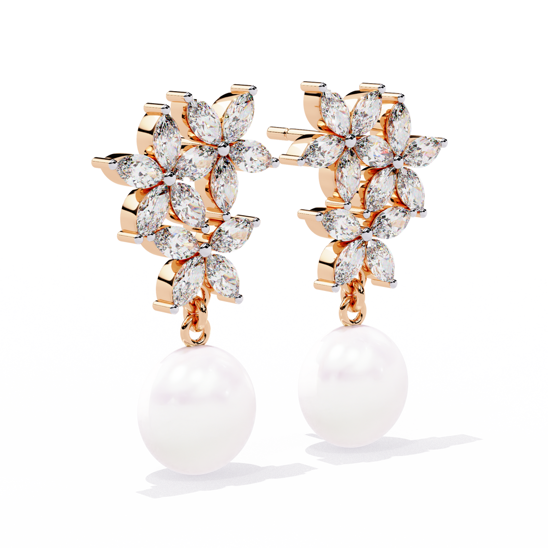 Floral Diamond Pearl Drop Earrings – Lab Grown Gold Jewelry