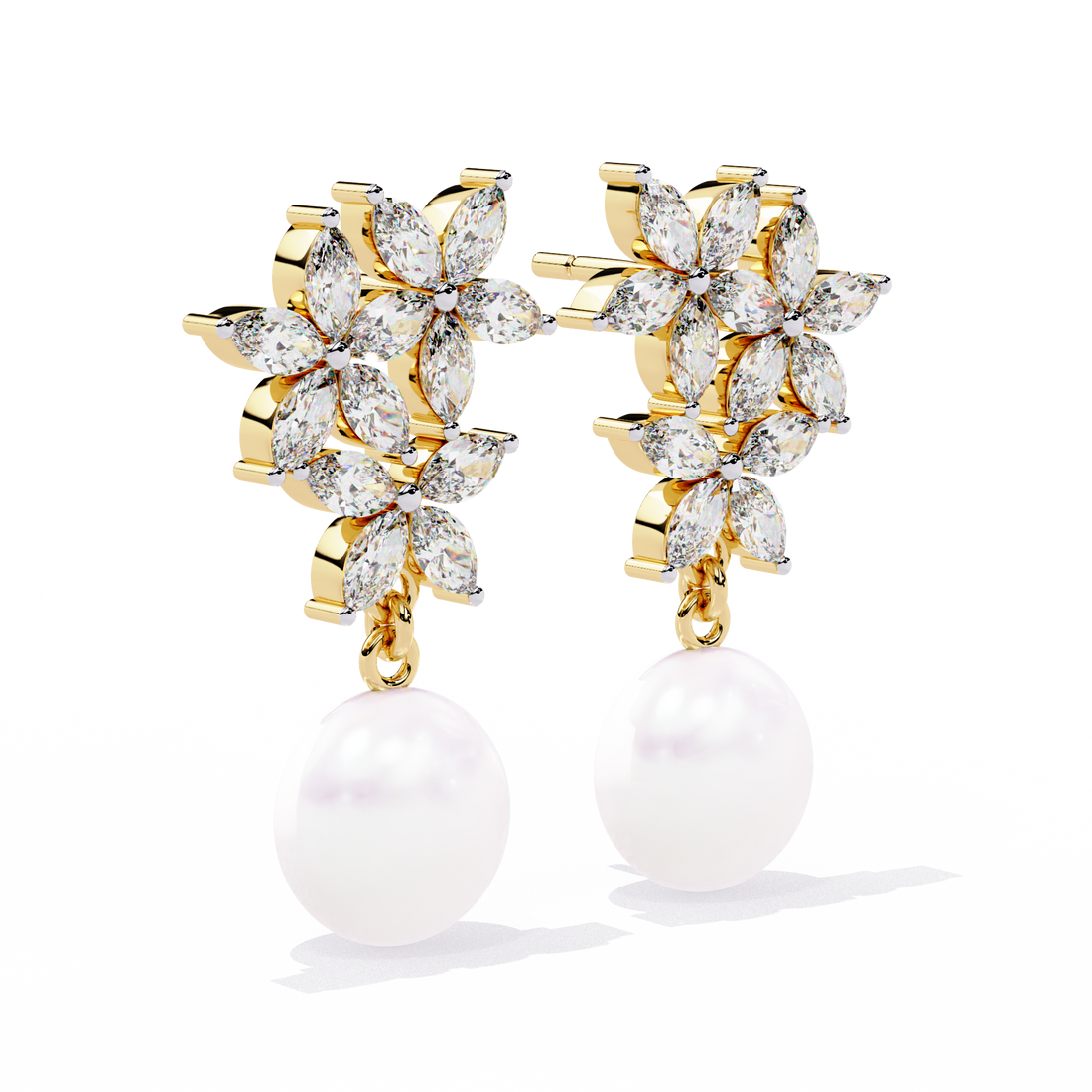 Floral Diamond Pearl Drop Earrings – Lab Grown Gold Jewelry