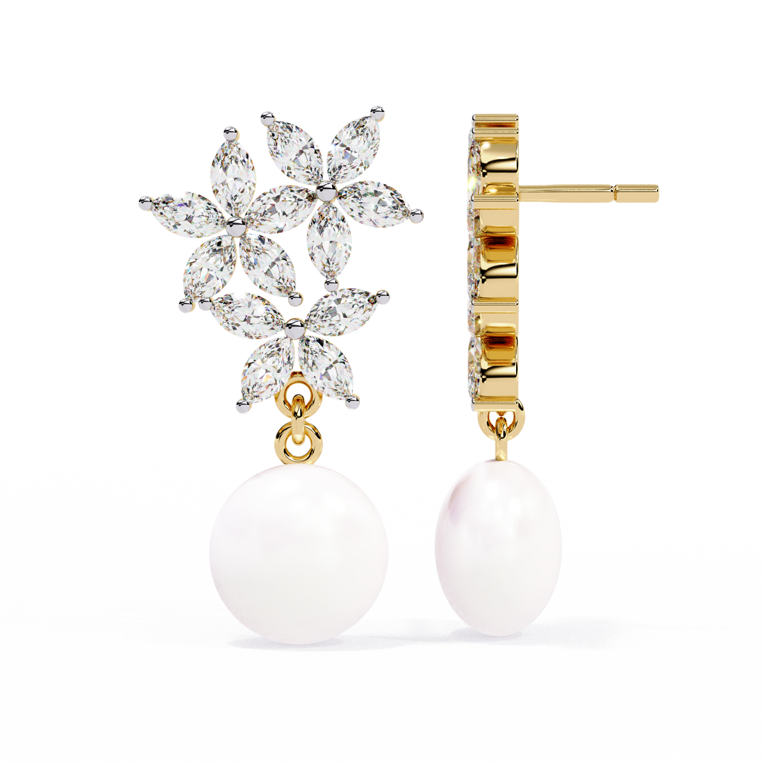 Floral Diamond Pearl Drop Earrings – Lab Grown Gold Jewelry